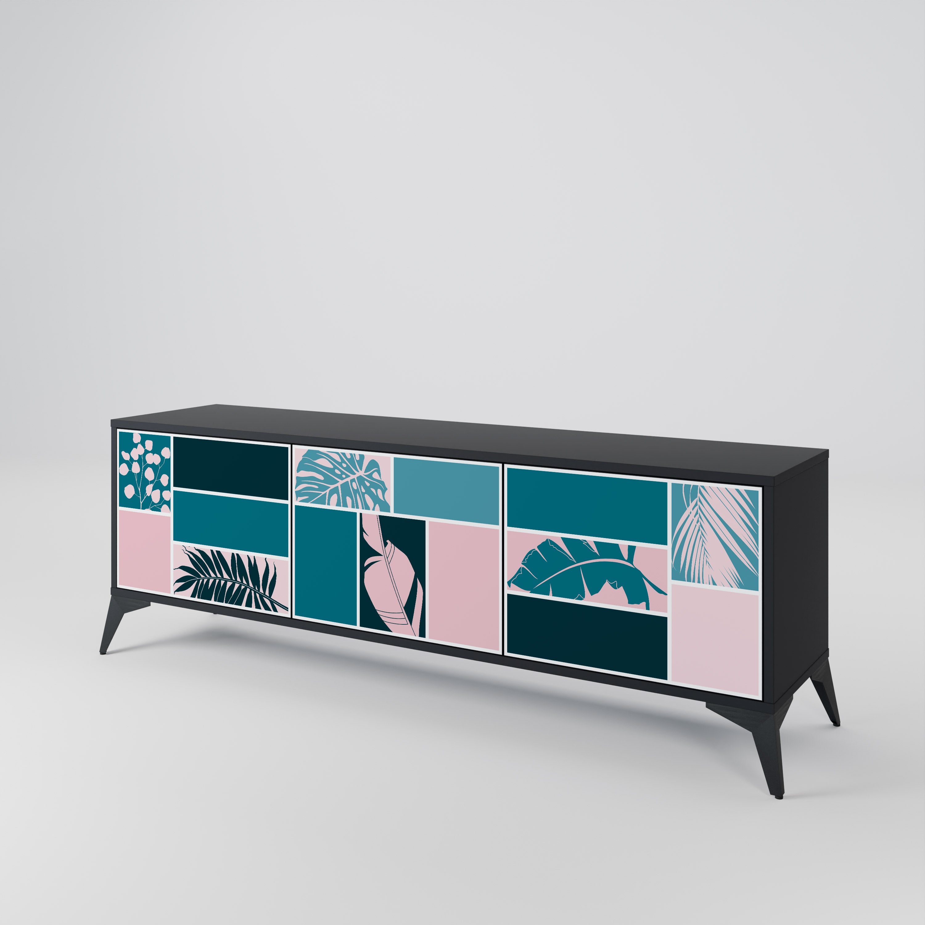 COMBINACIÓN DE FORMAS Mueble de TV de 3 puertas en acabado negro