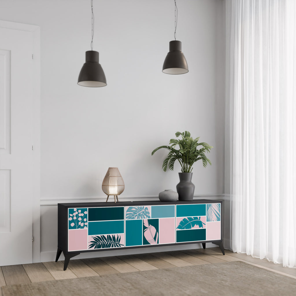 COMBINACIÓN DE FORMAS Mueble de TV de 3 puertas en acabado negro
