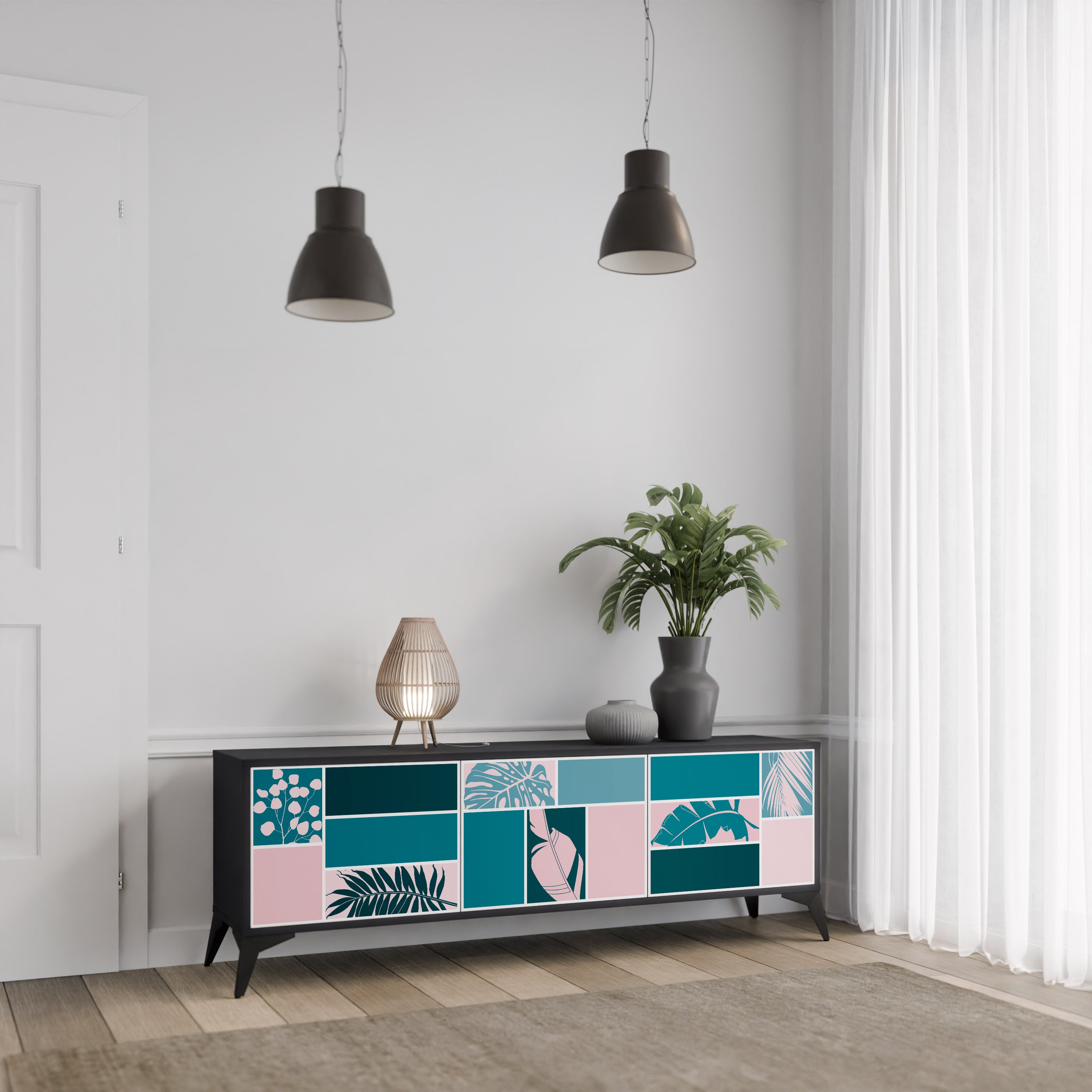COMBINACIÓN DE FORMAS Mueble de TV de 3 puertas en acabado negro
