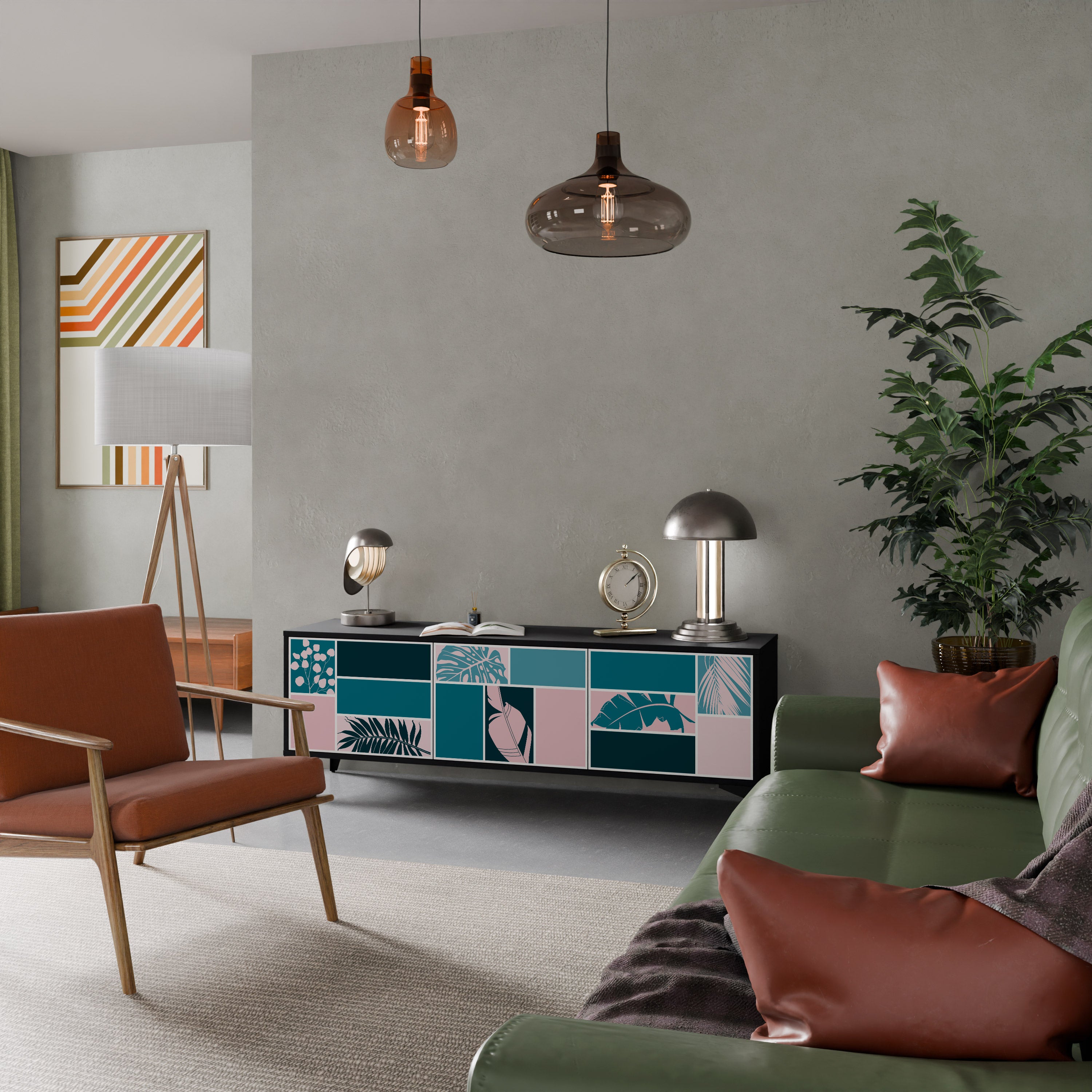 COMBINACIÓN DE FORMAS Mueble de TV de 3 puertas en acabado negro