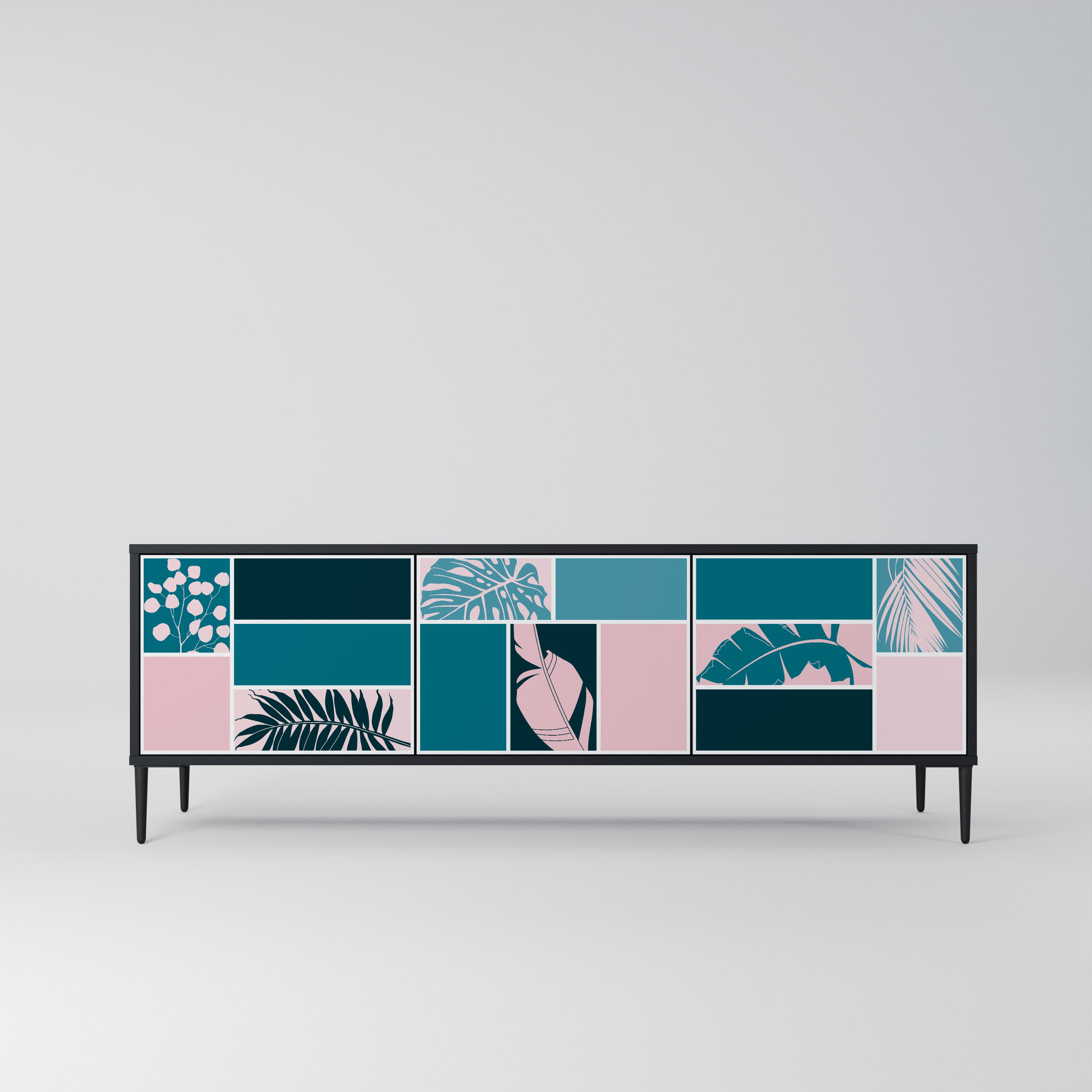 COMBINACIÓN DE FORMAS Mueble de TV de 3 puertas en acabado negro