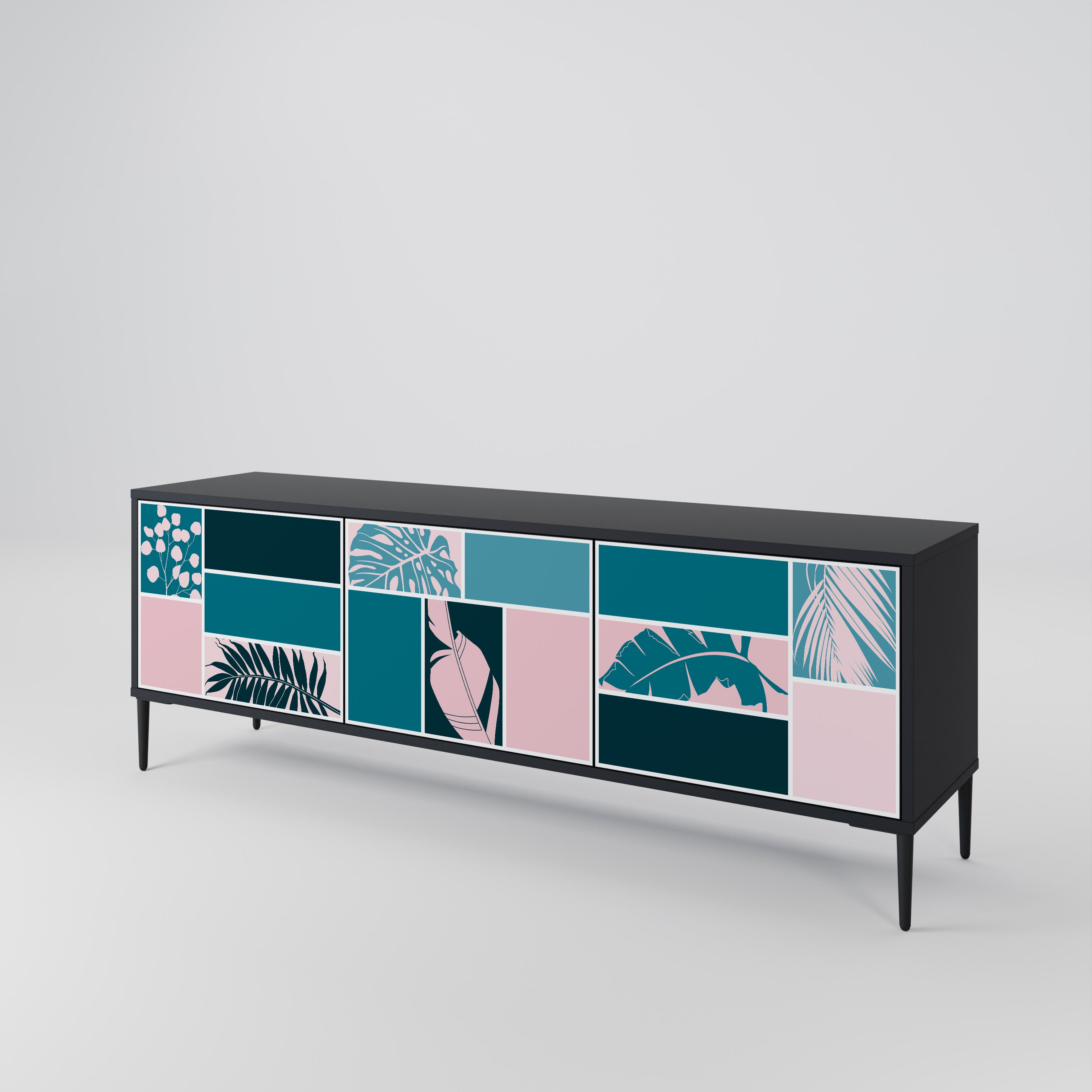 COMBINACIÓN DE FORMAS Mueble de TV de 3 puertas en acabado negro