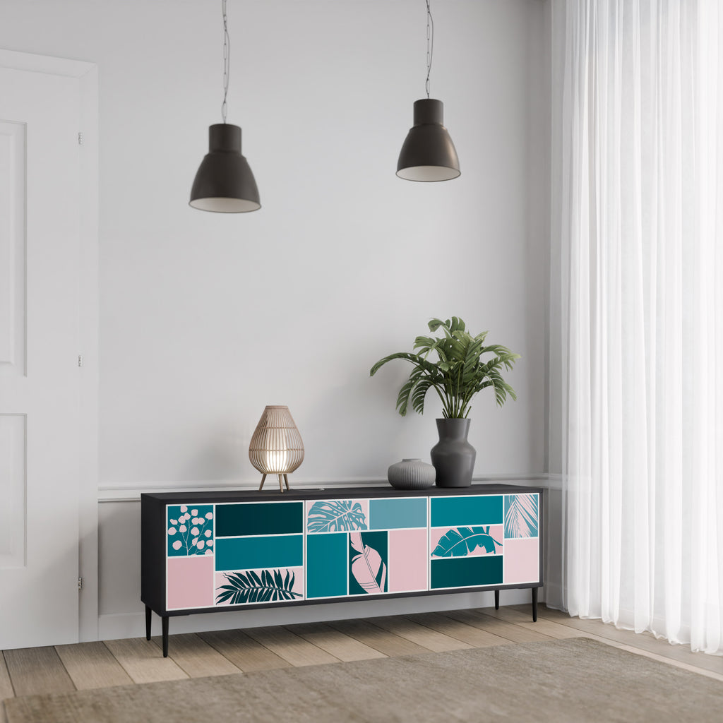 COMBINACIÓN DE FORMAS Mueble de TV de 3 puertas en acabado negro