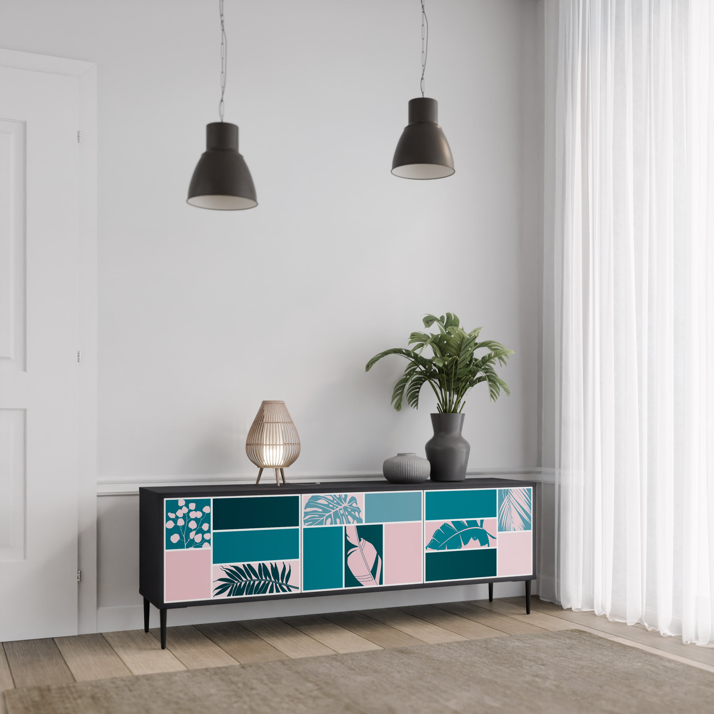 COMBINACIÓN DE FORMAS Mueble de TV de 3 puertas en acabado negro
