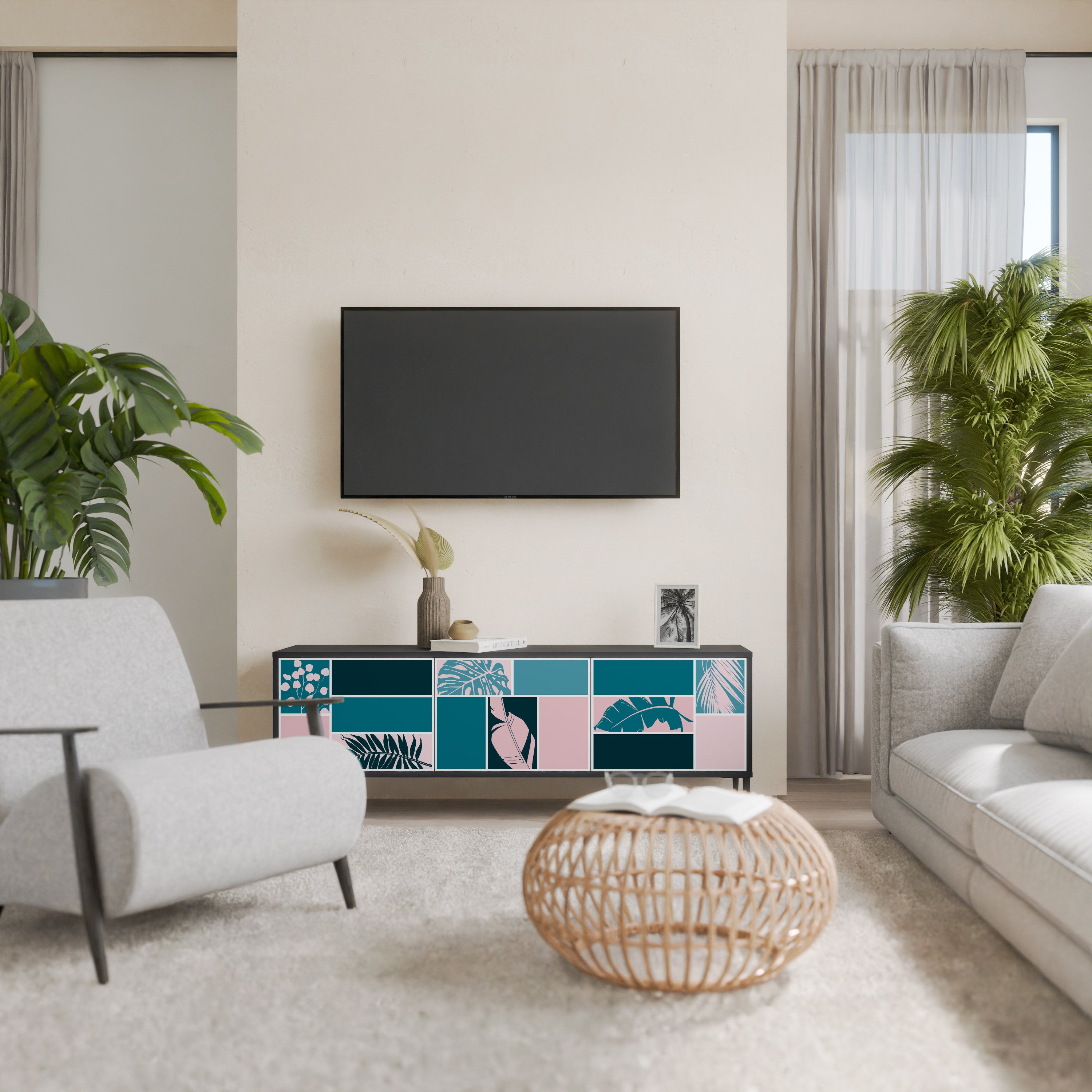 COMBINACIÓN DE FORMAS Mueble de TV de 3 puertas en acabado negro