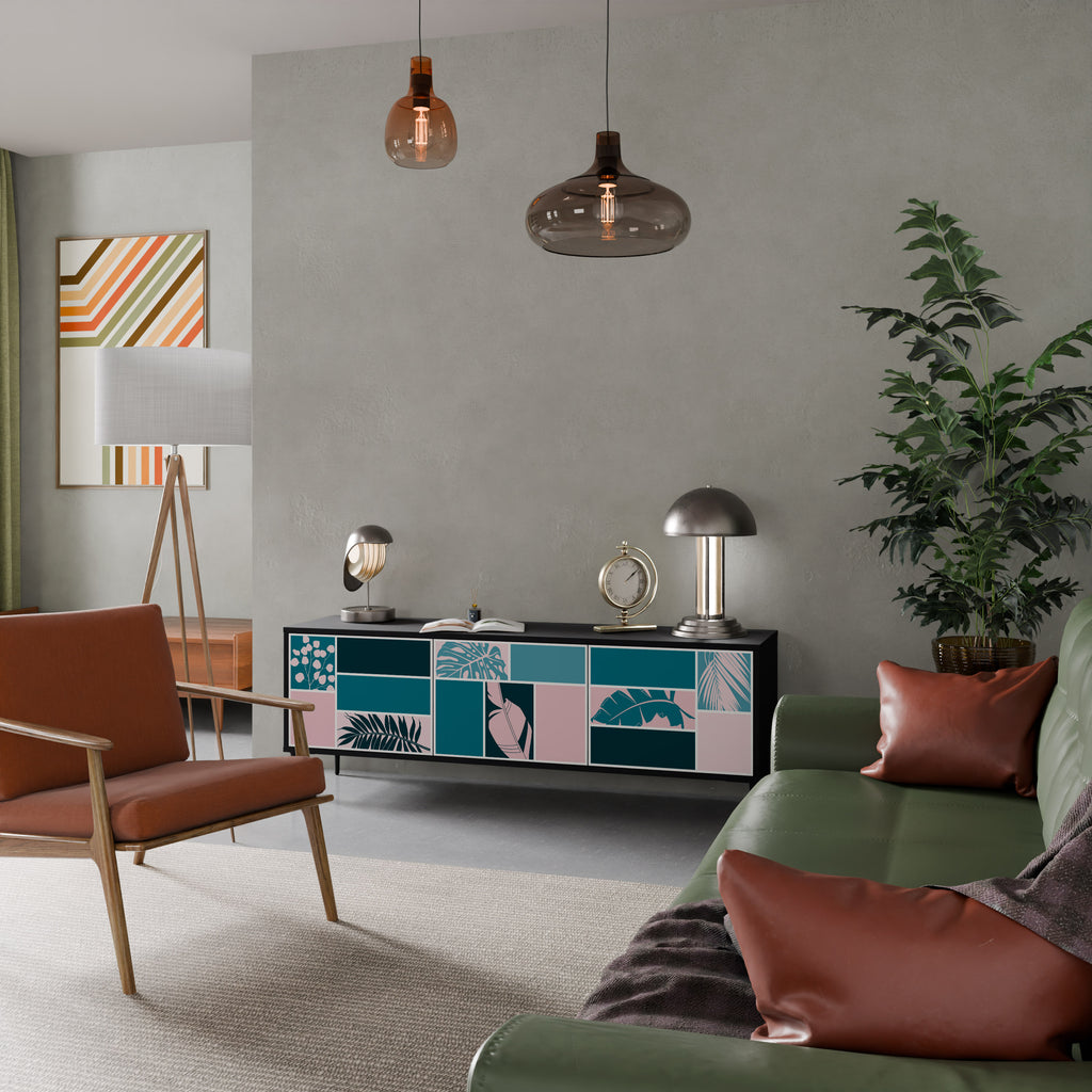 COMBINACIÓN DE FORMAS Mueble de TV de 3 puertas en acabado negro