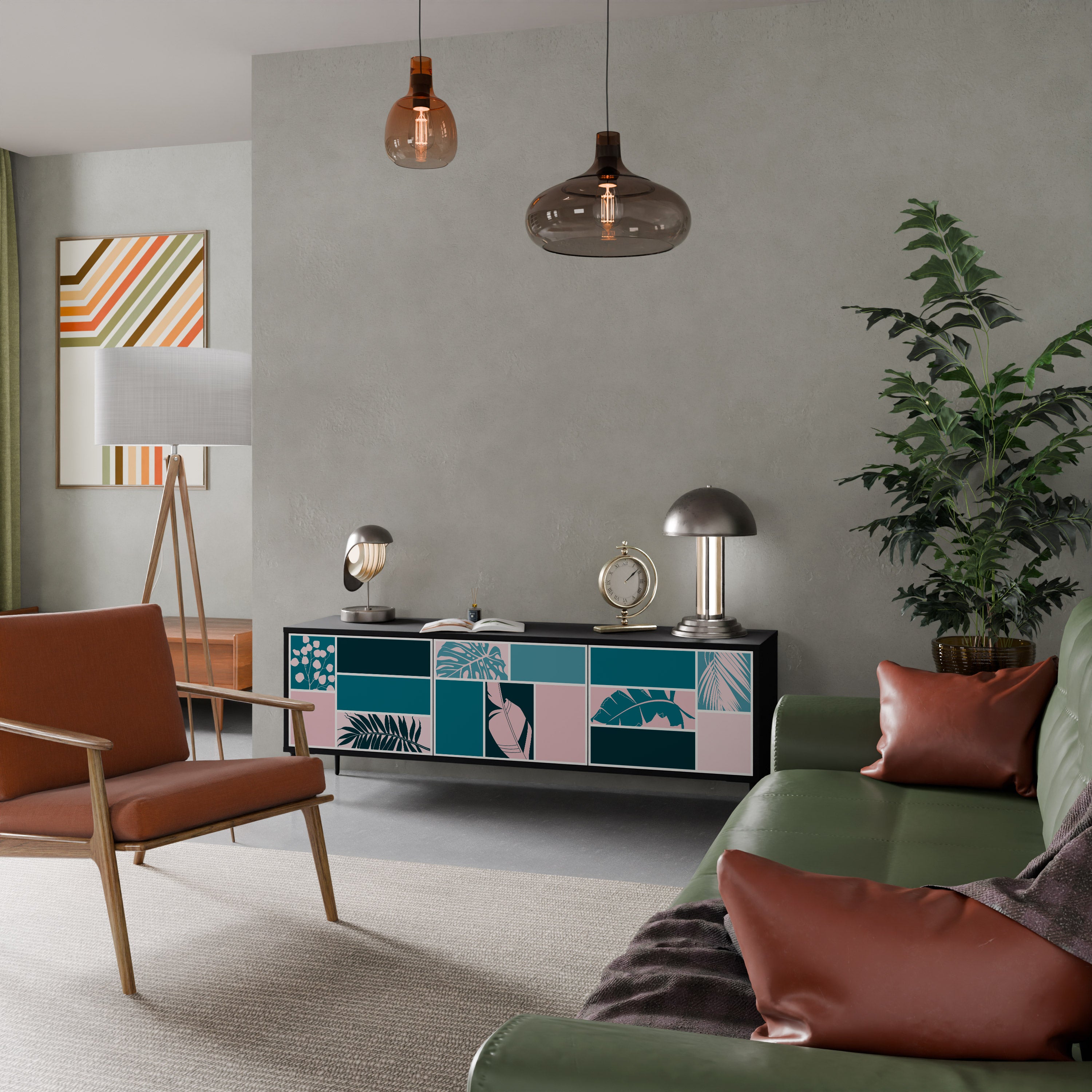 COMBINACIÓN DE FORMAS Mueble de TV de 3 puertas en acabado negro