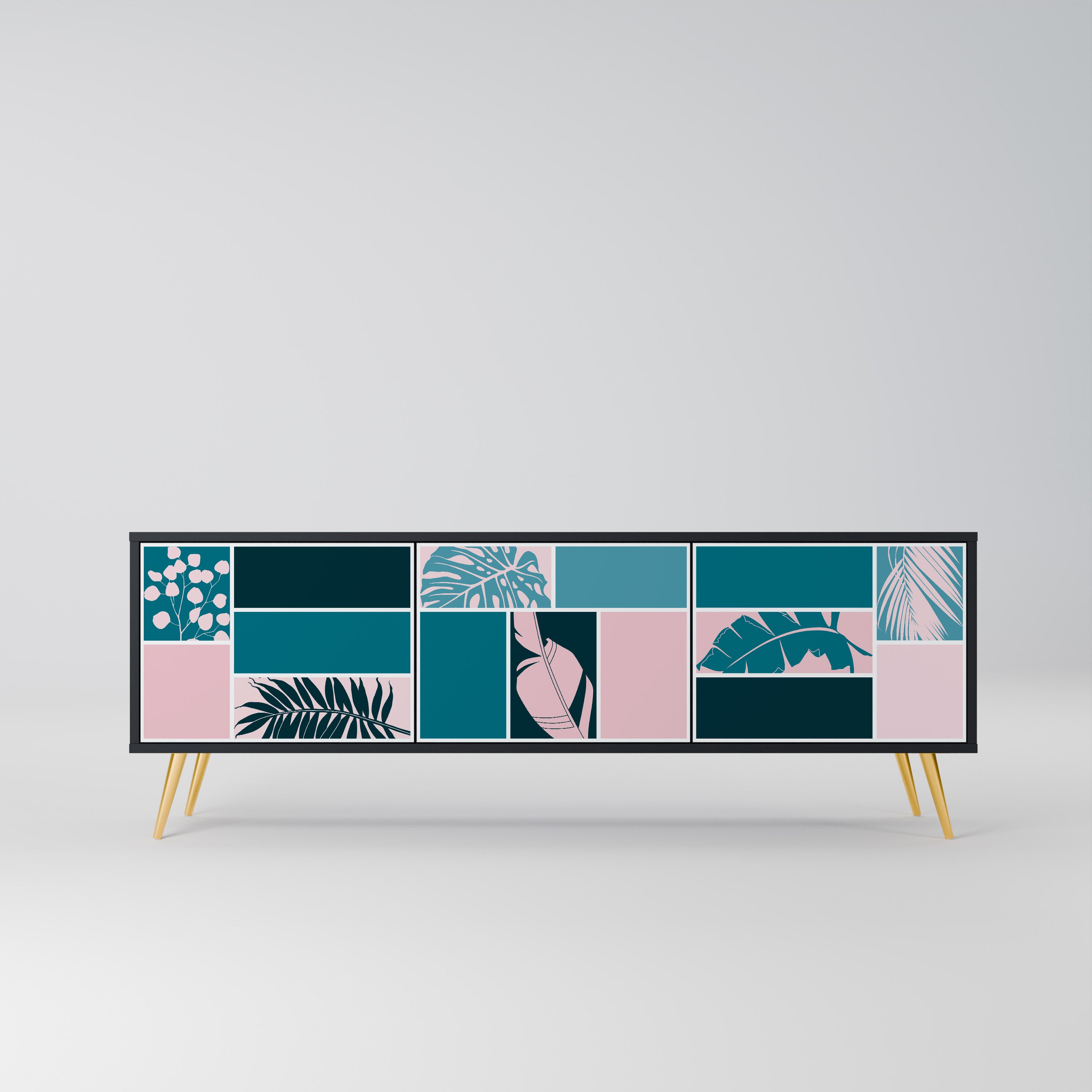 COMBINACIÓN DE FORMAS Mueble de TV de 3 puertas en acabado negro