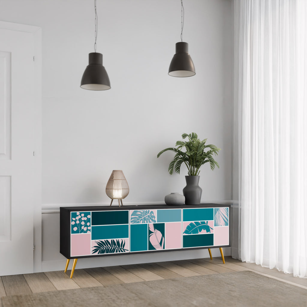 COMBINACIÓN DE FORMAS Mueble de TV de 3 puertas en acabado negro