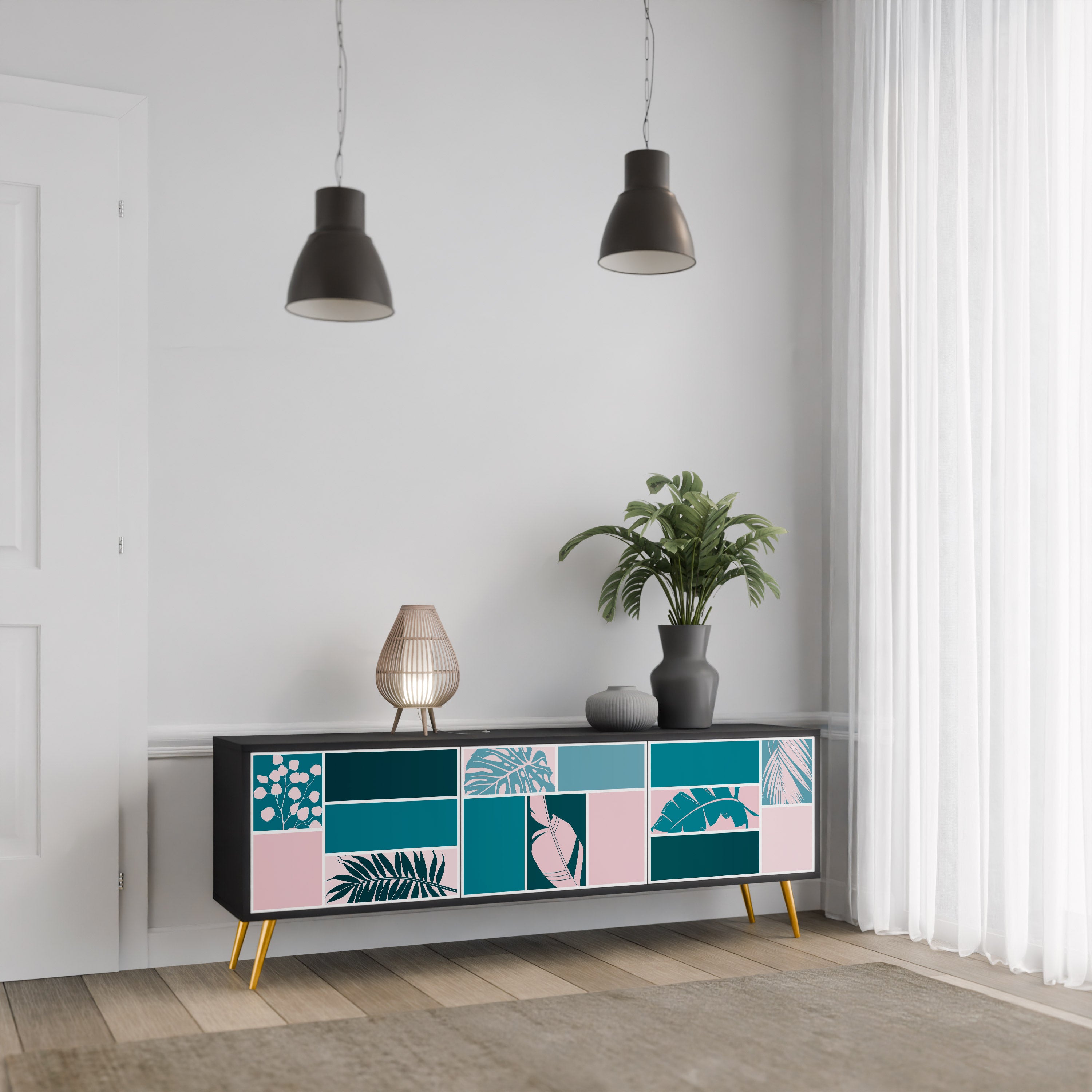 COMBINACIÓN DE FORMAS Mueble de TV de 3 puertas en acabado negro