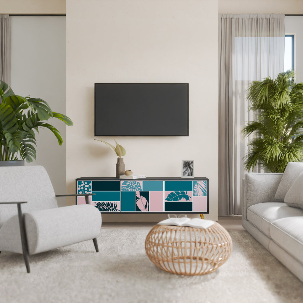 COMBINACIÓN DE FORMAS Mueble de TV de 3 puertas en acabado negro