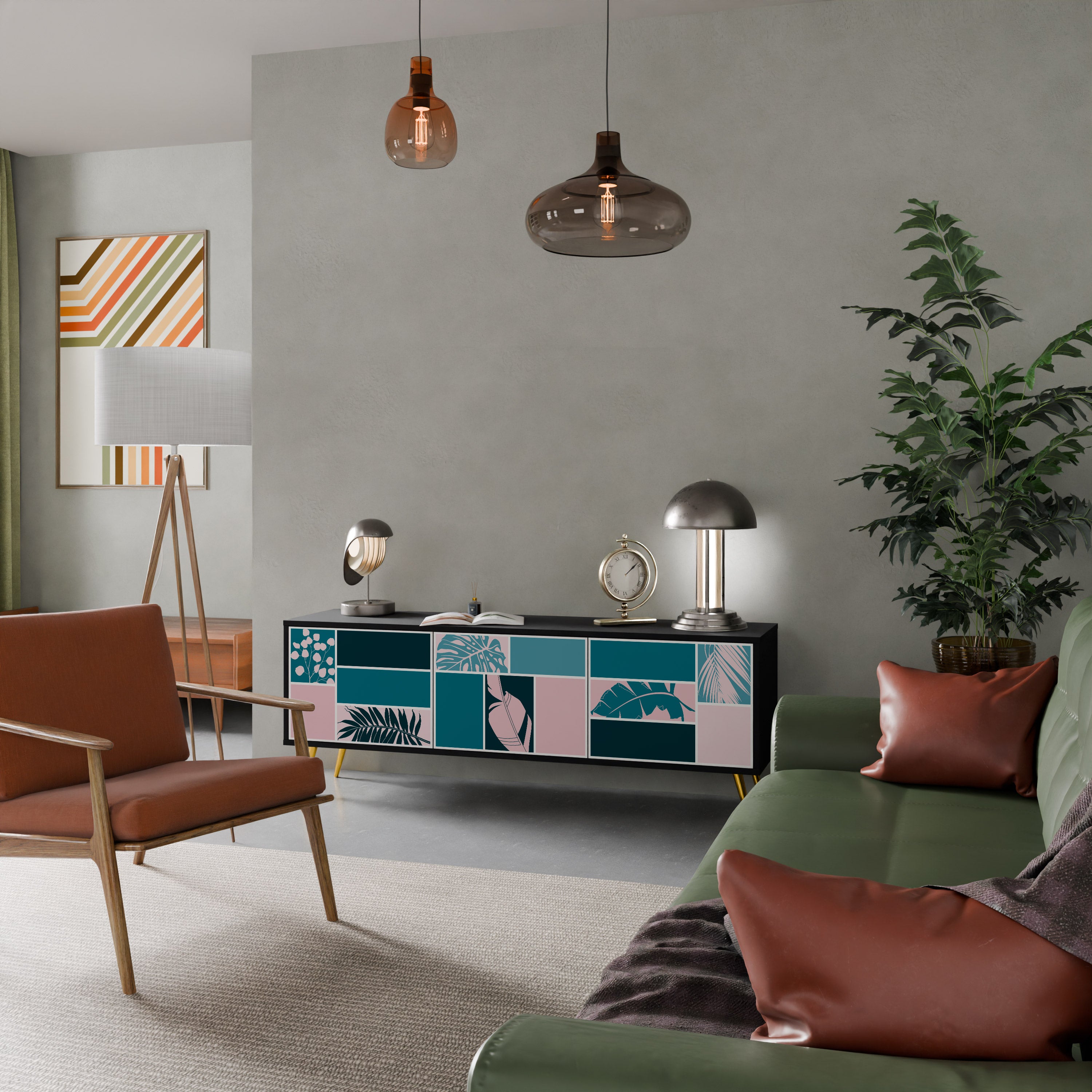 COMBINACIÓN DE FORMAS Mueble de TV de 3 puertas en acabado negro