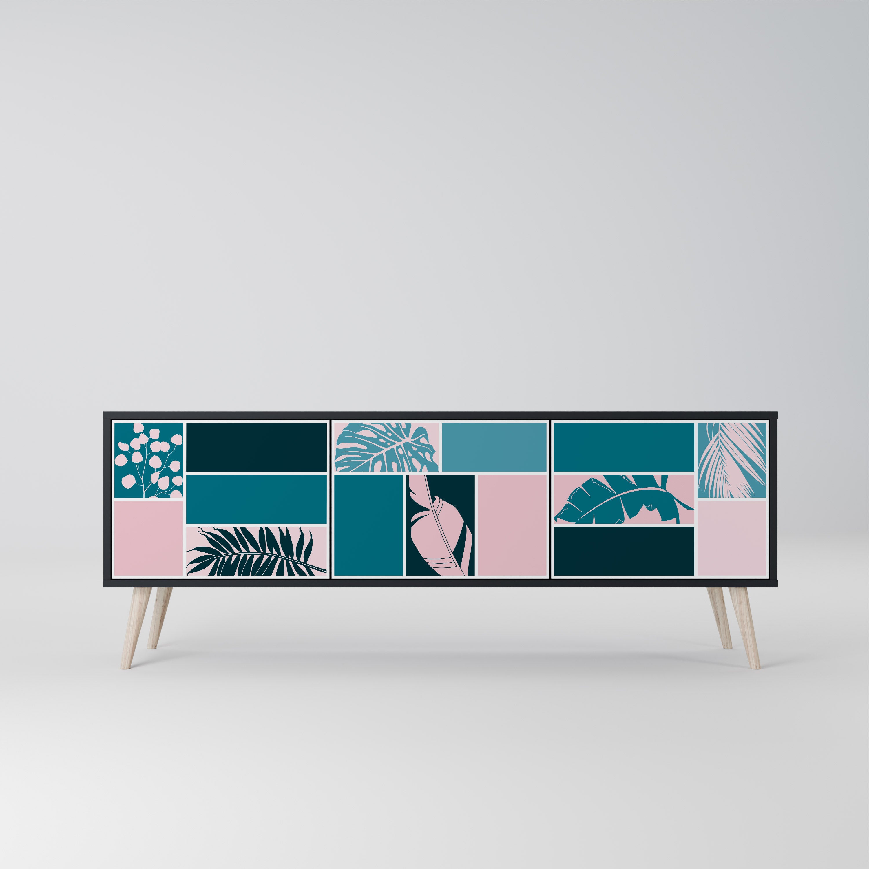 COMBINACIÓN DE FORMAS Mueble de TV de 3 puertas en acabado negro