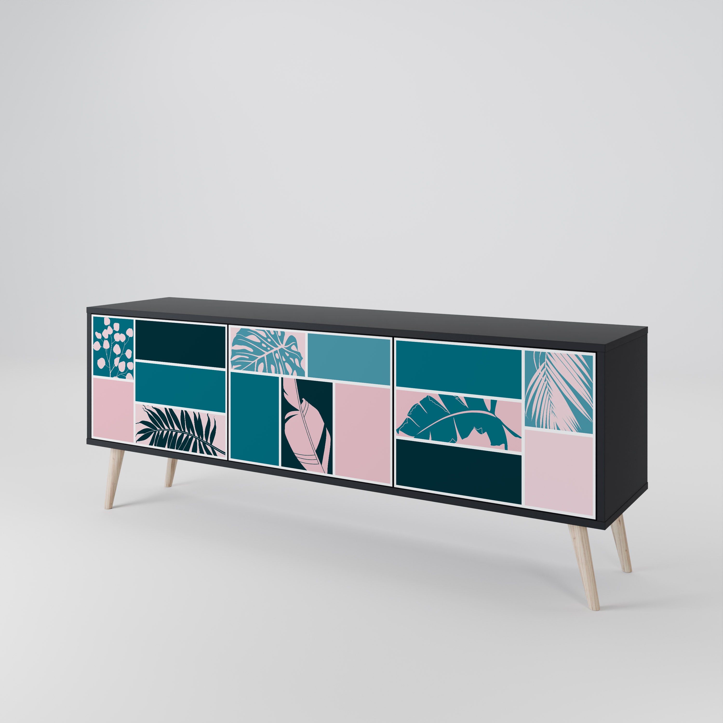 COMBINACIÓN DE FORMAS Mueble de TV de 3 puertas en acabado negro