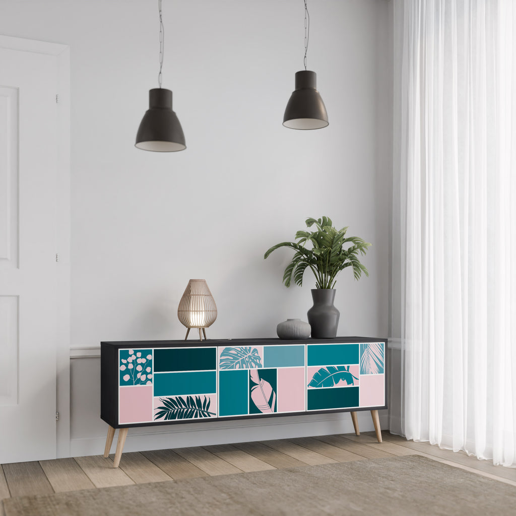 COMBINACIÓN DE FORMAS Mueble de TV de 3 puertas en acabado negro