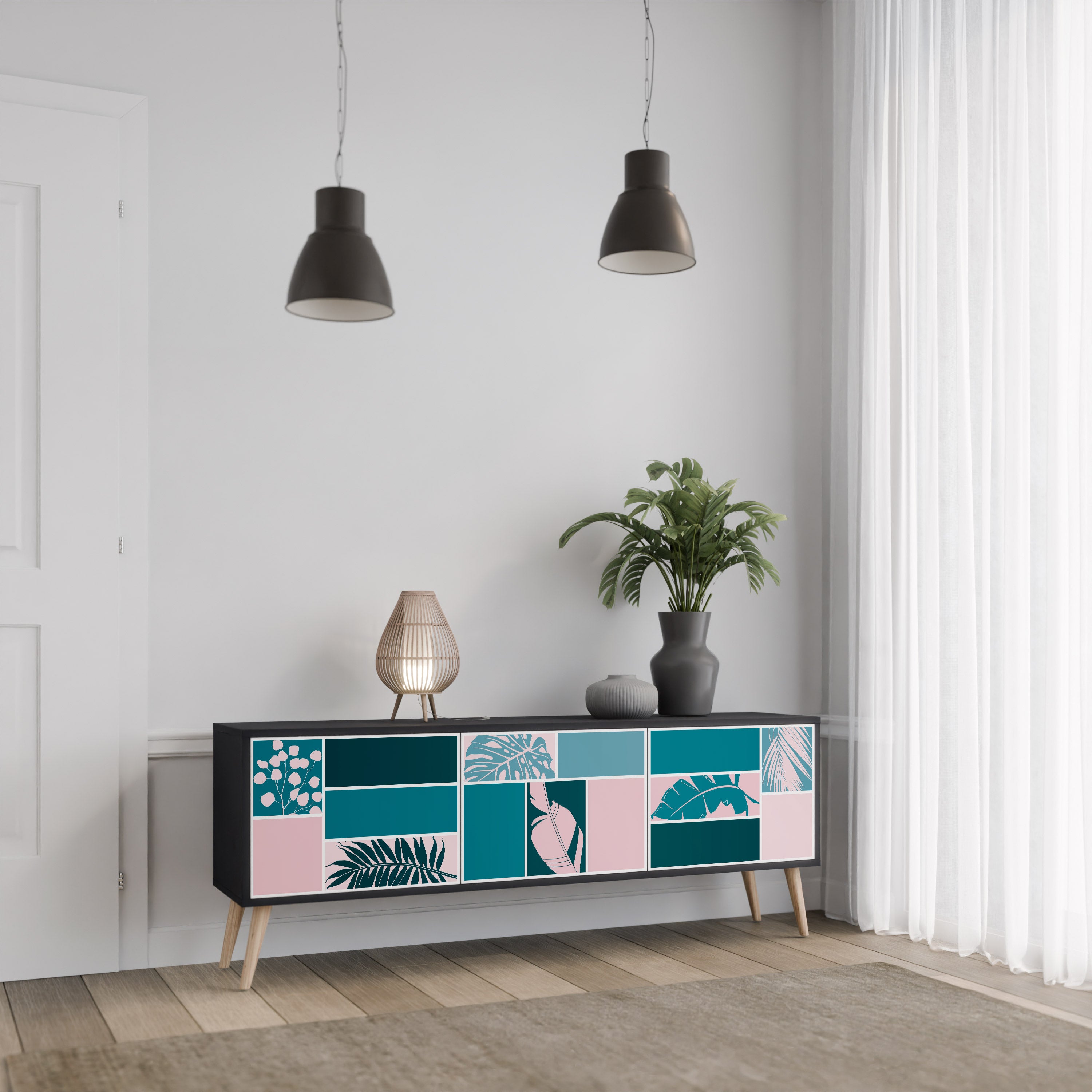 COMBINACIÓN DE FORMAS Mueble de TV de 3 puertas en acabado negro
