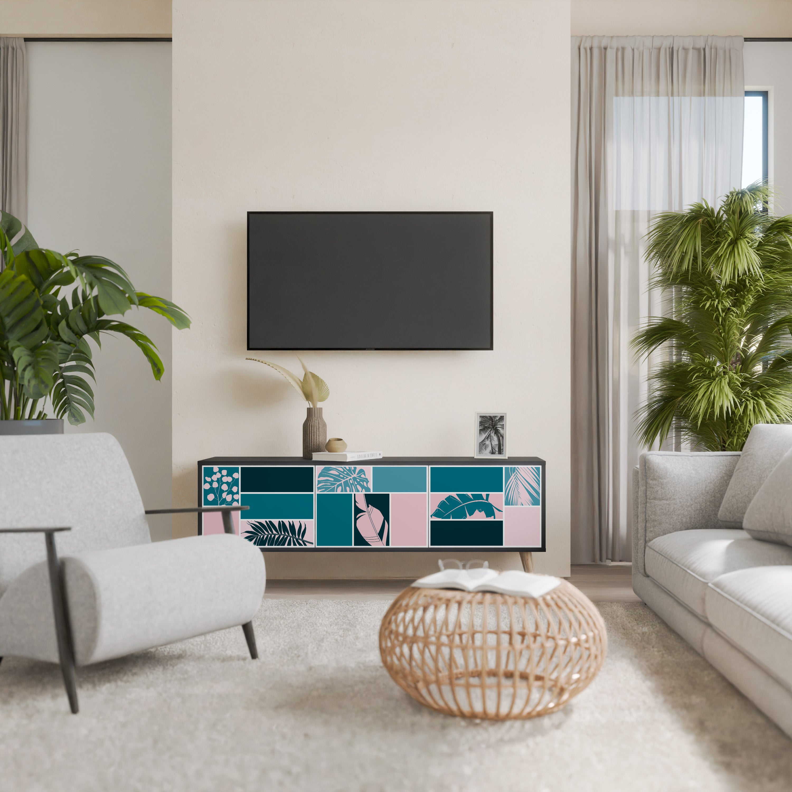 COMBINACIÓN DE FORMAS Mueble de TV de 3 puertas en acabado negro