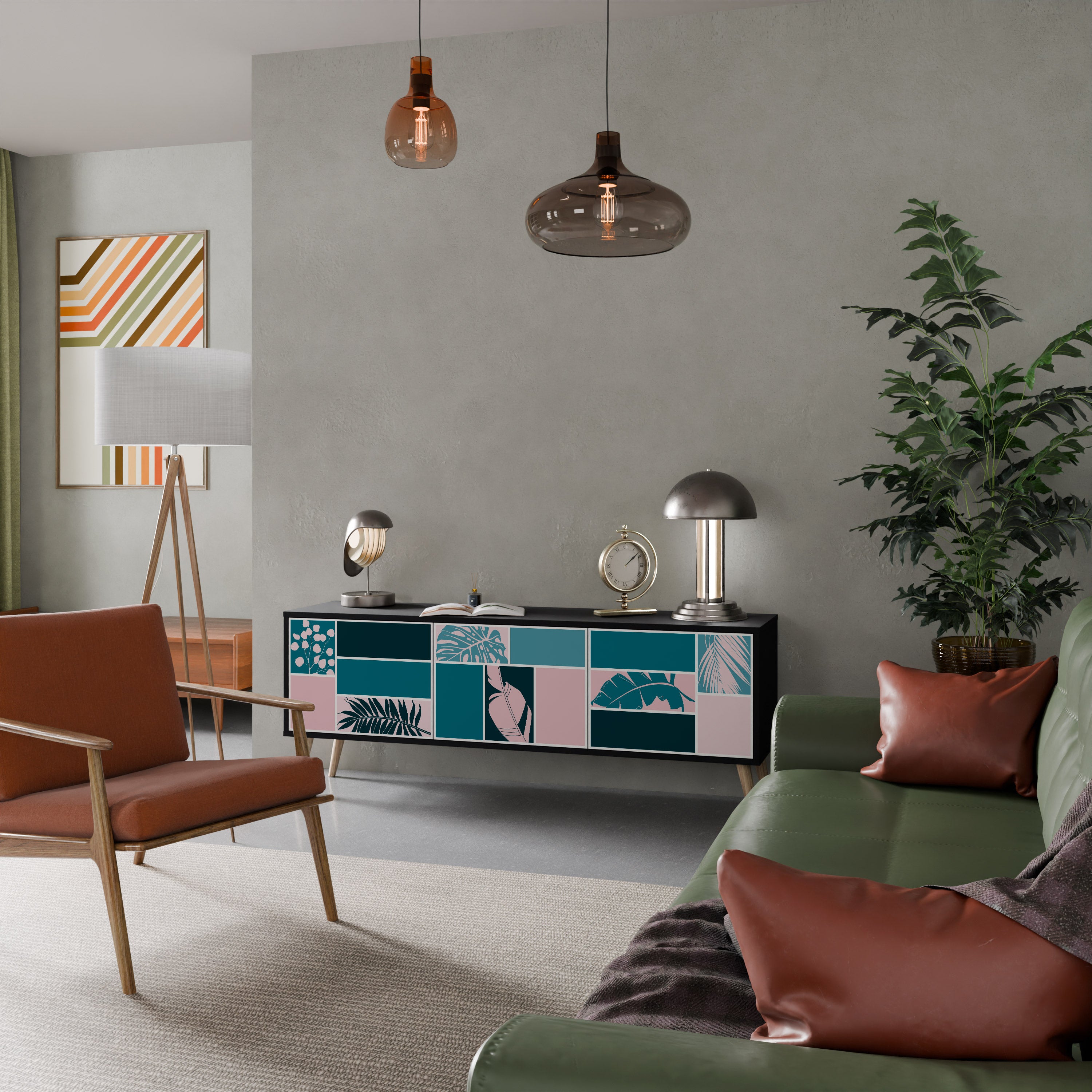 COMBINACIÓN DE FORMAS Mueble de TV de 3 puertas en acabado negro