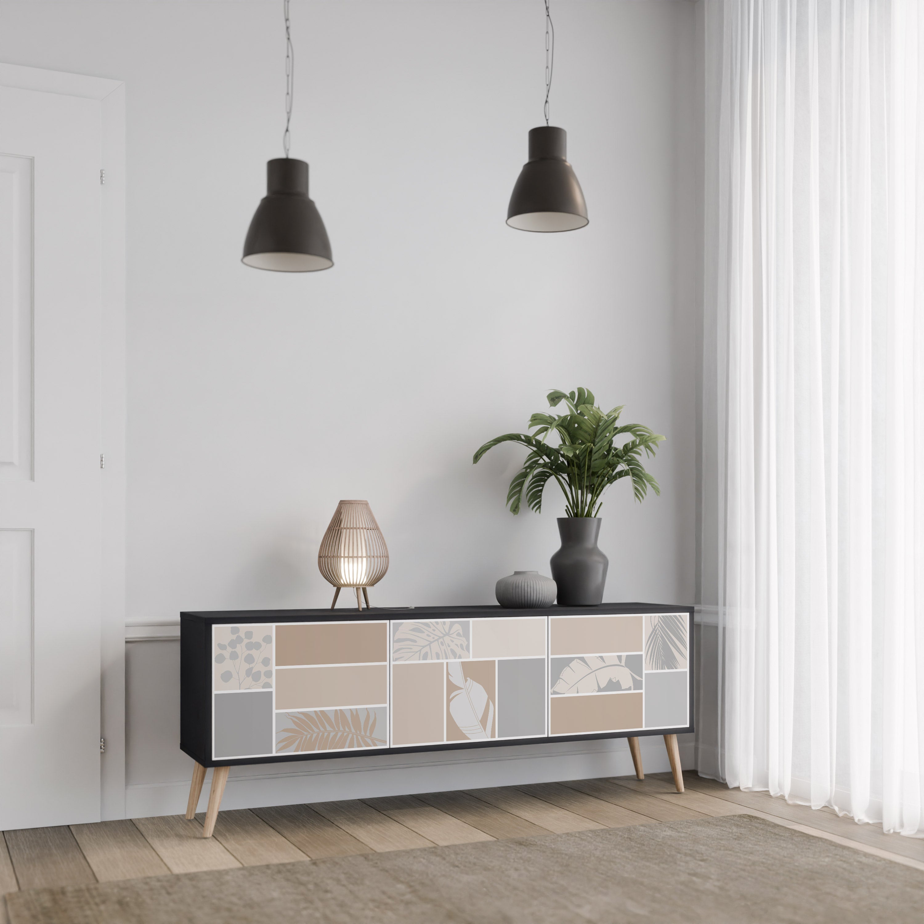 TROPICAL SHAPES 3-Door TV Stand in Black Finish