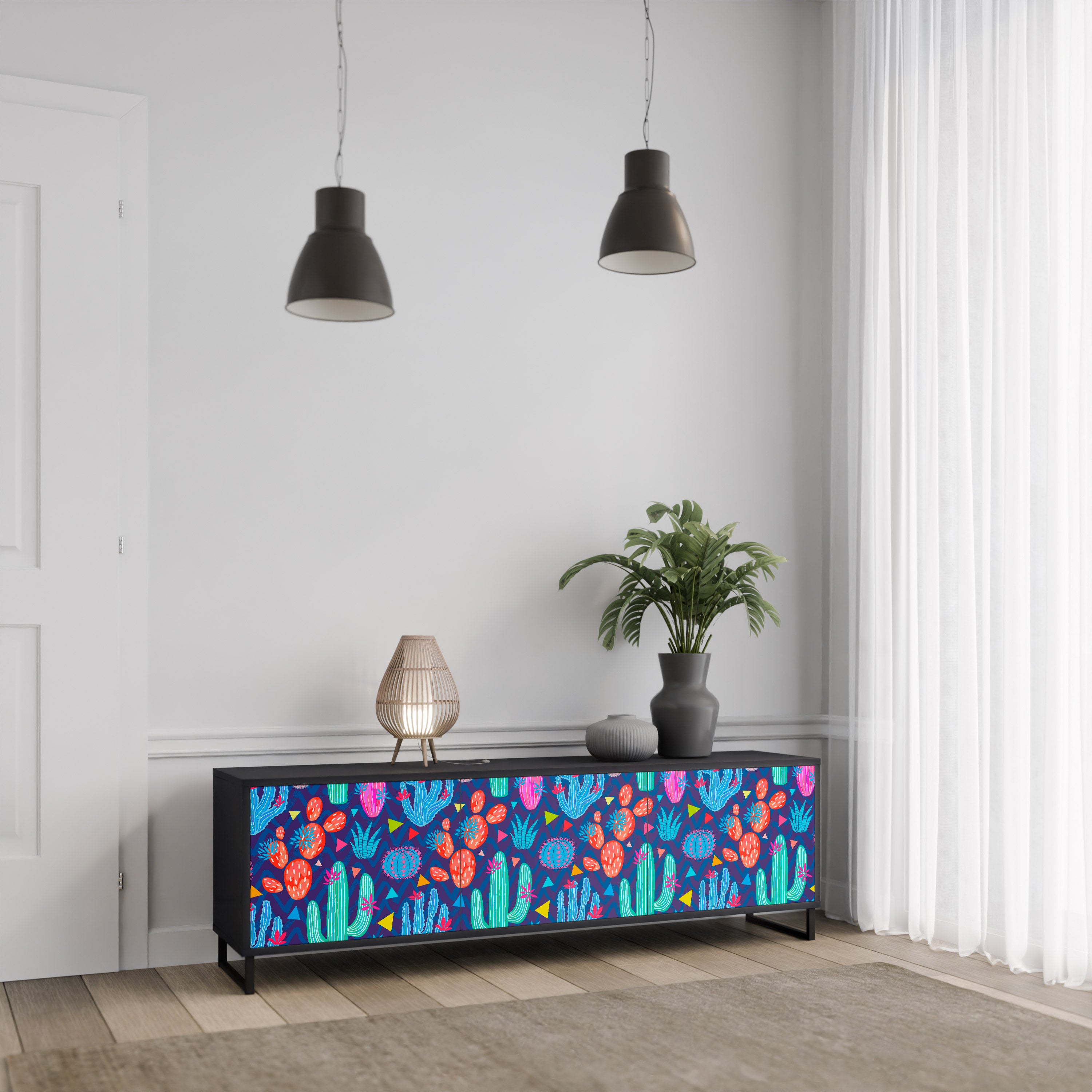 CACTUS VIBES 3-Door TV Stand in Black Finish
