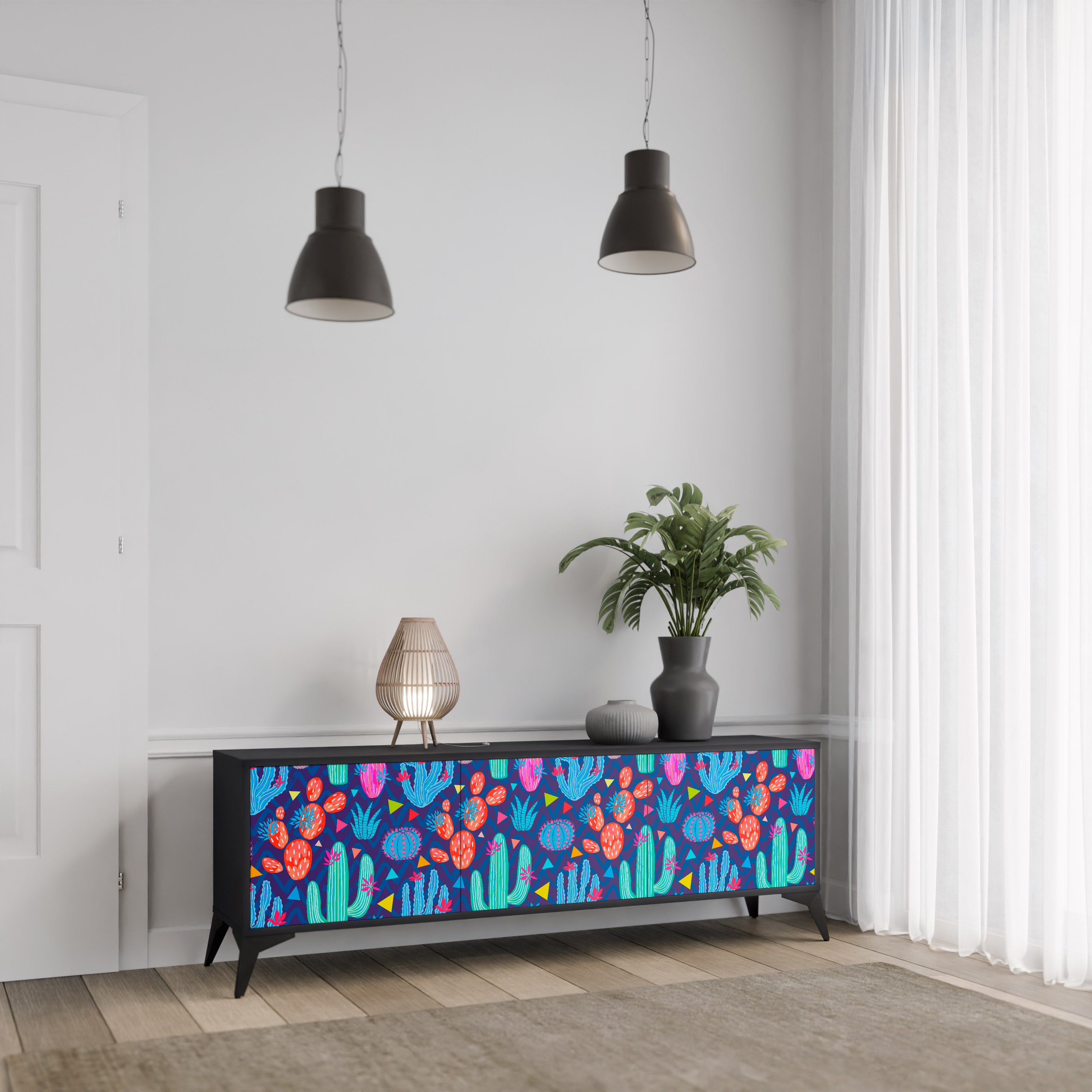 CACTUS VIBES 3-Door TV Stand in Black Finish