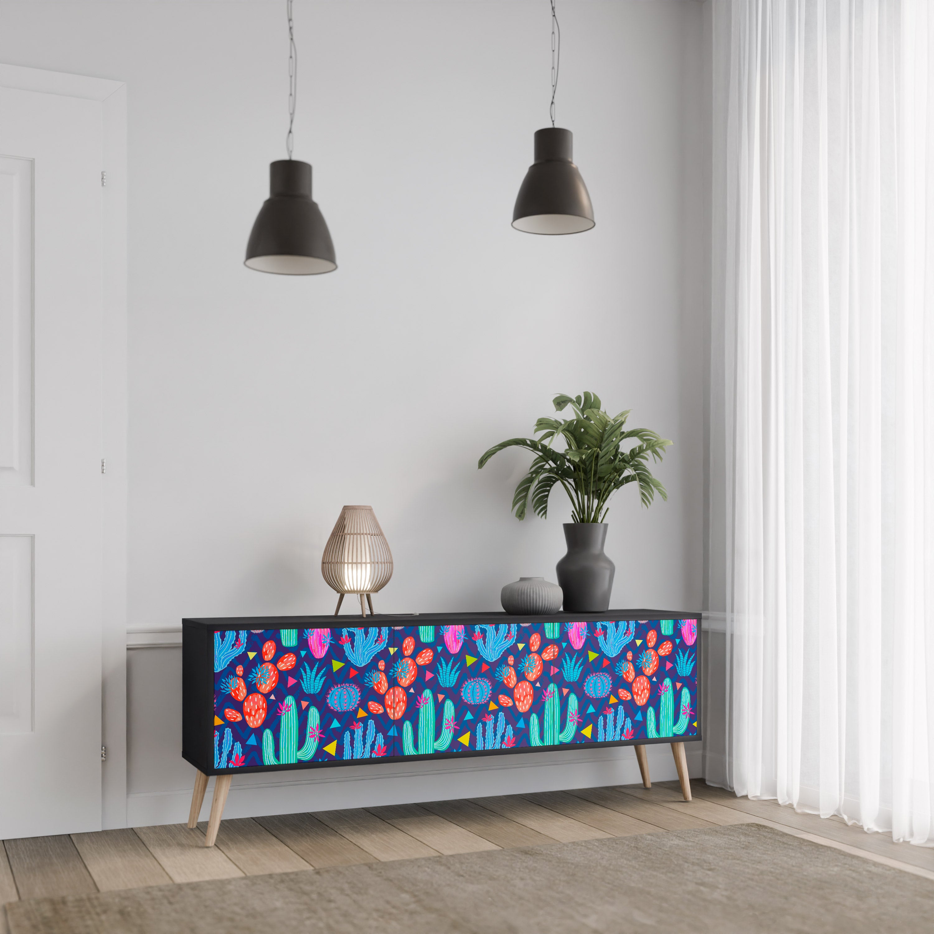 CACTUS VIBES 3-Door TV Stand in Black Finish