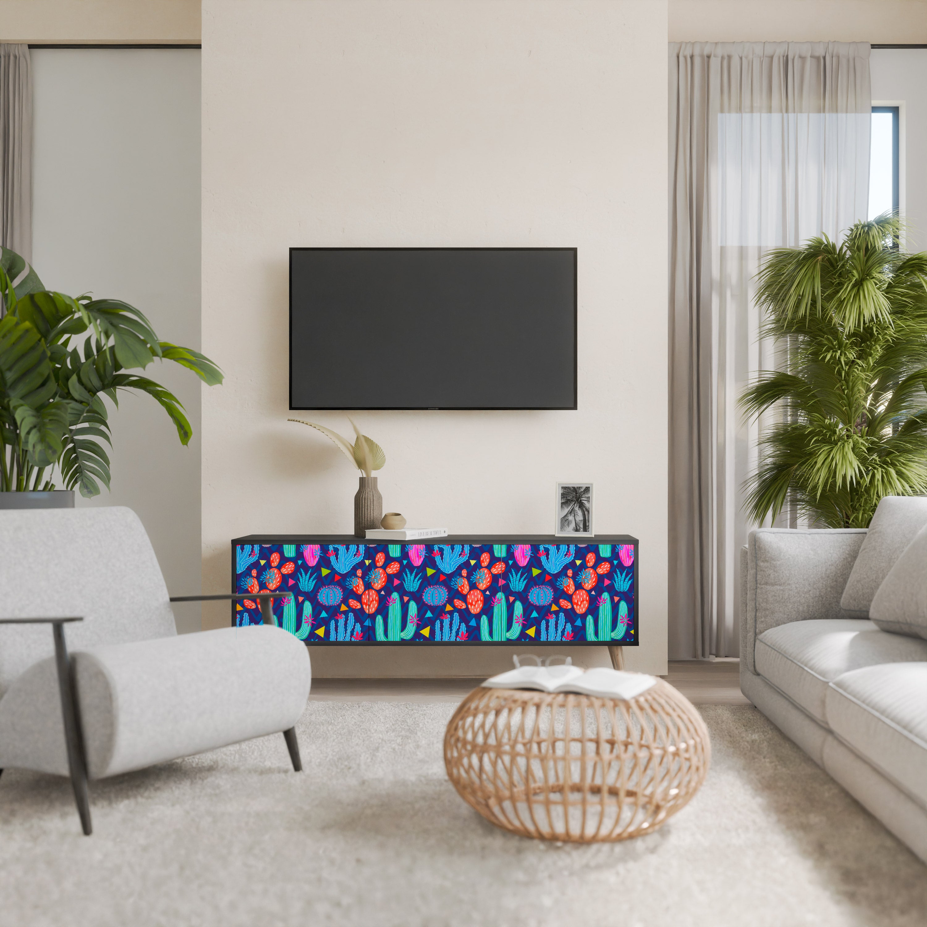 CACTUS VIBES 3-Door TV Stand in Black Finish