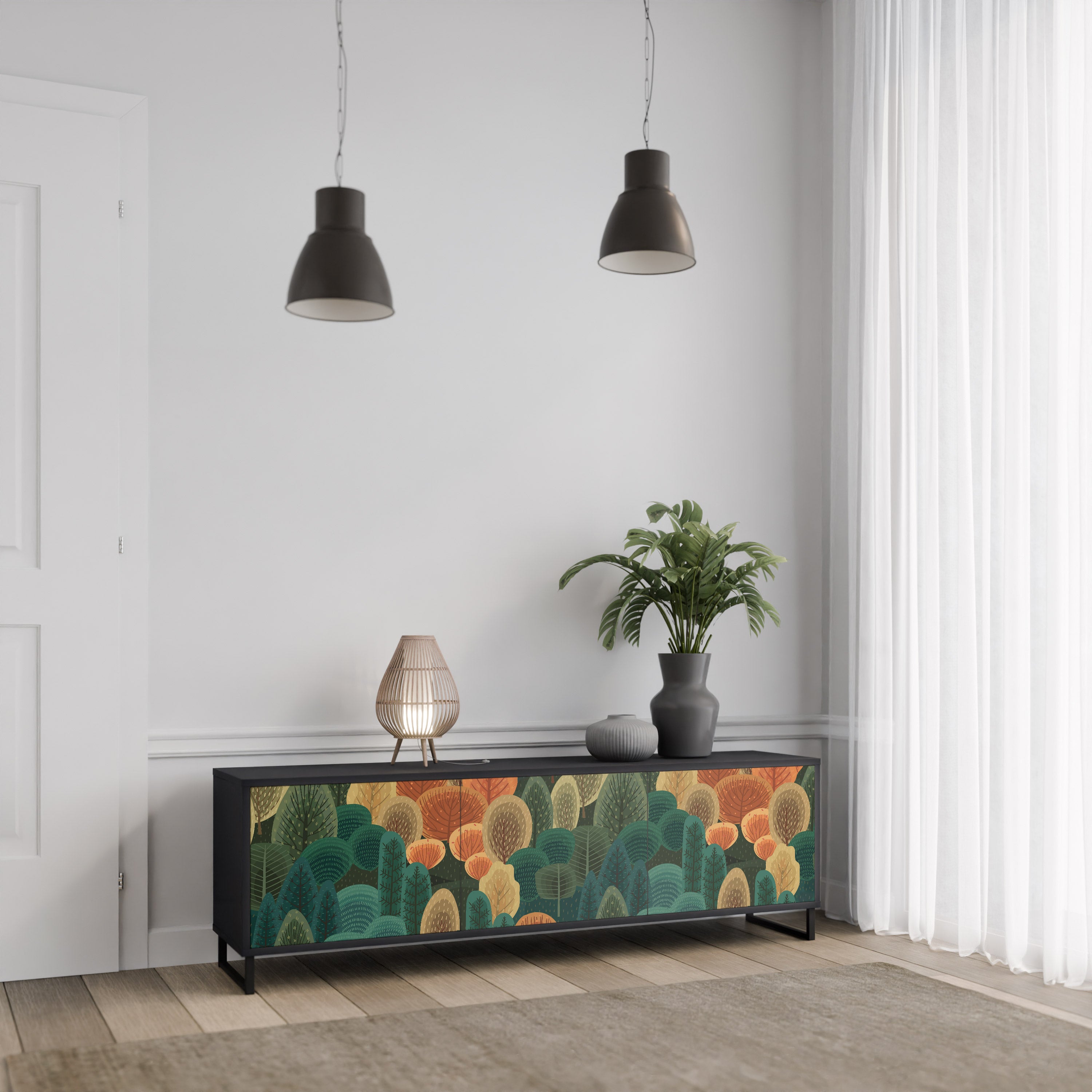 AUTUMN KALEIDOSCOPE 3-Door TV Stand in Black Finish