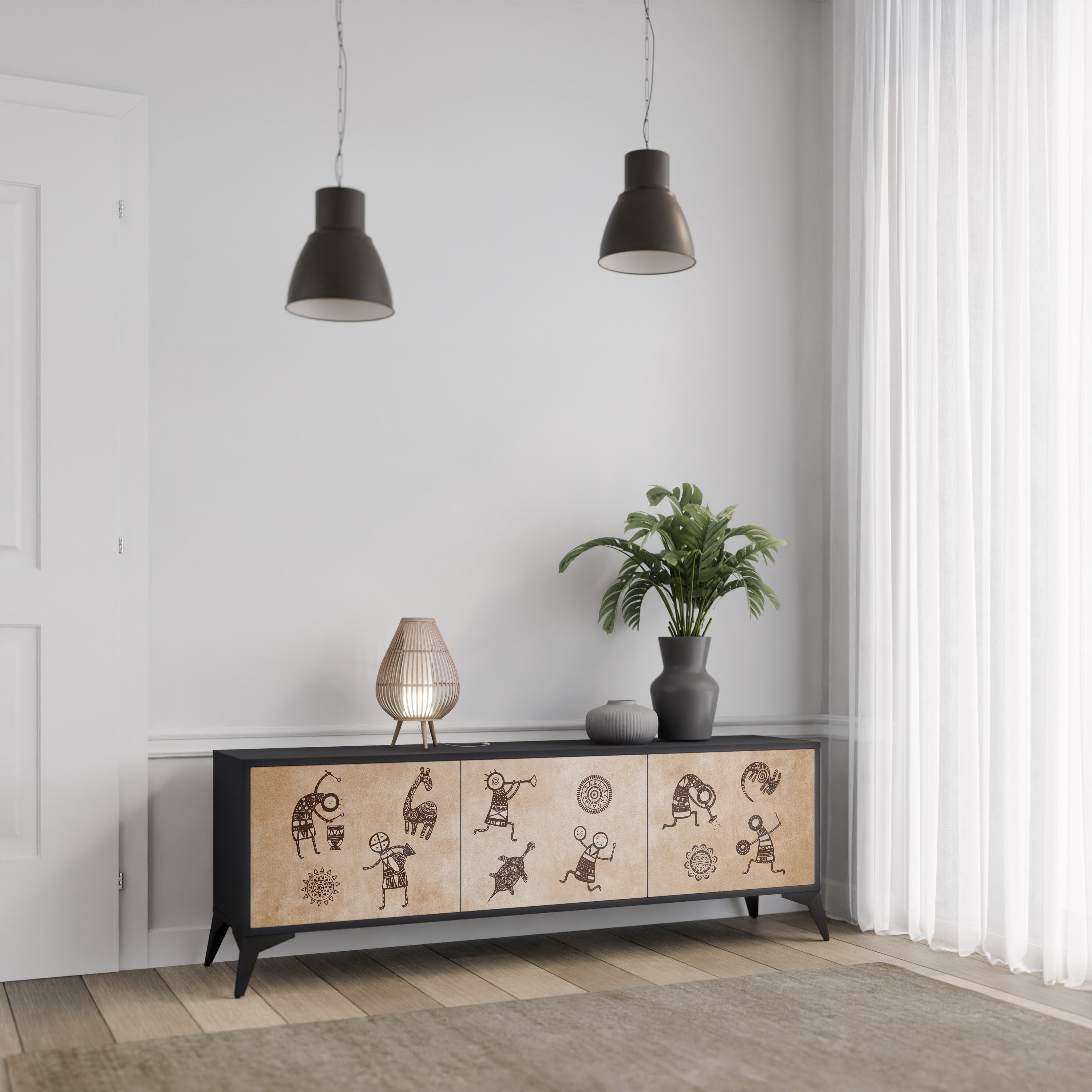 AFRICAN STYLE 3-Door TV Stand in Black Finish