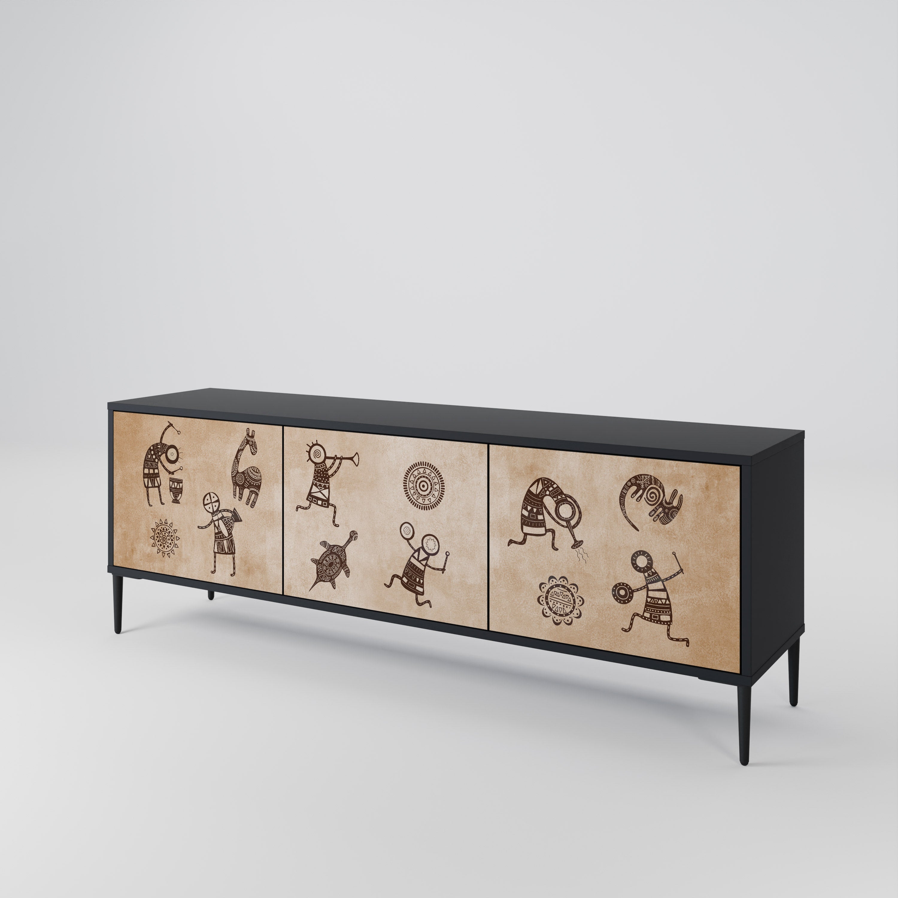 AFRICAN STYLE 3-Door TV Stand in Black Finish