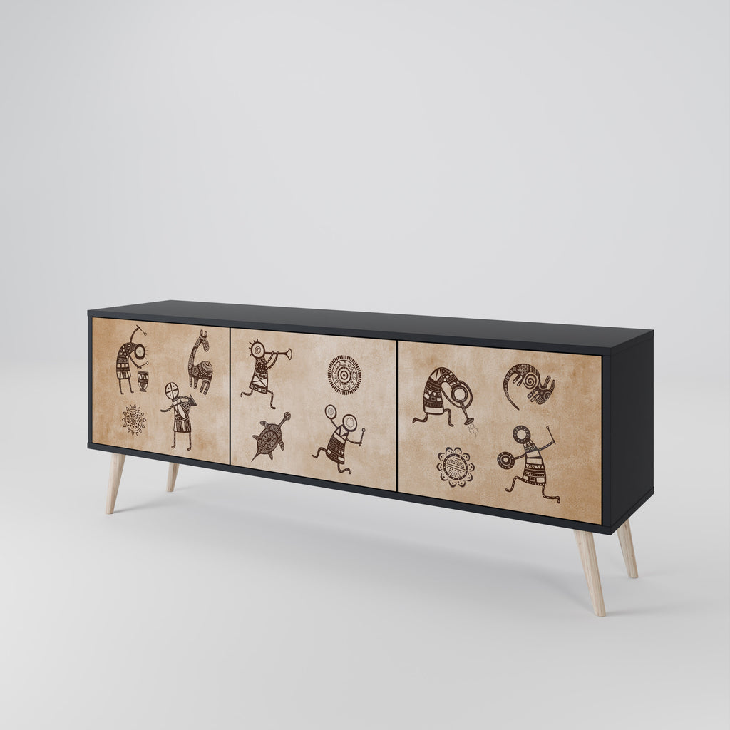 AFRICAN STYLE 3-Door TV Stand in Black Finish
