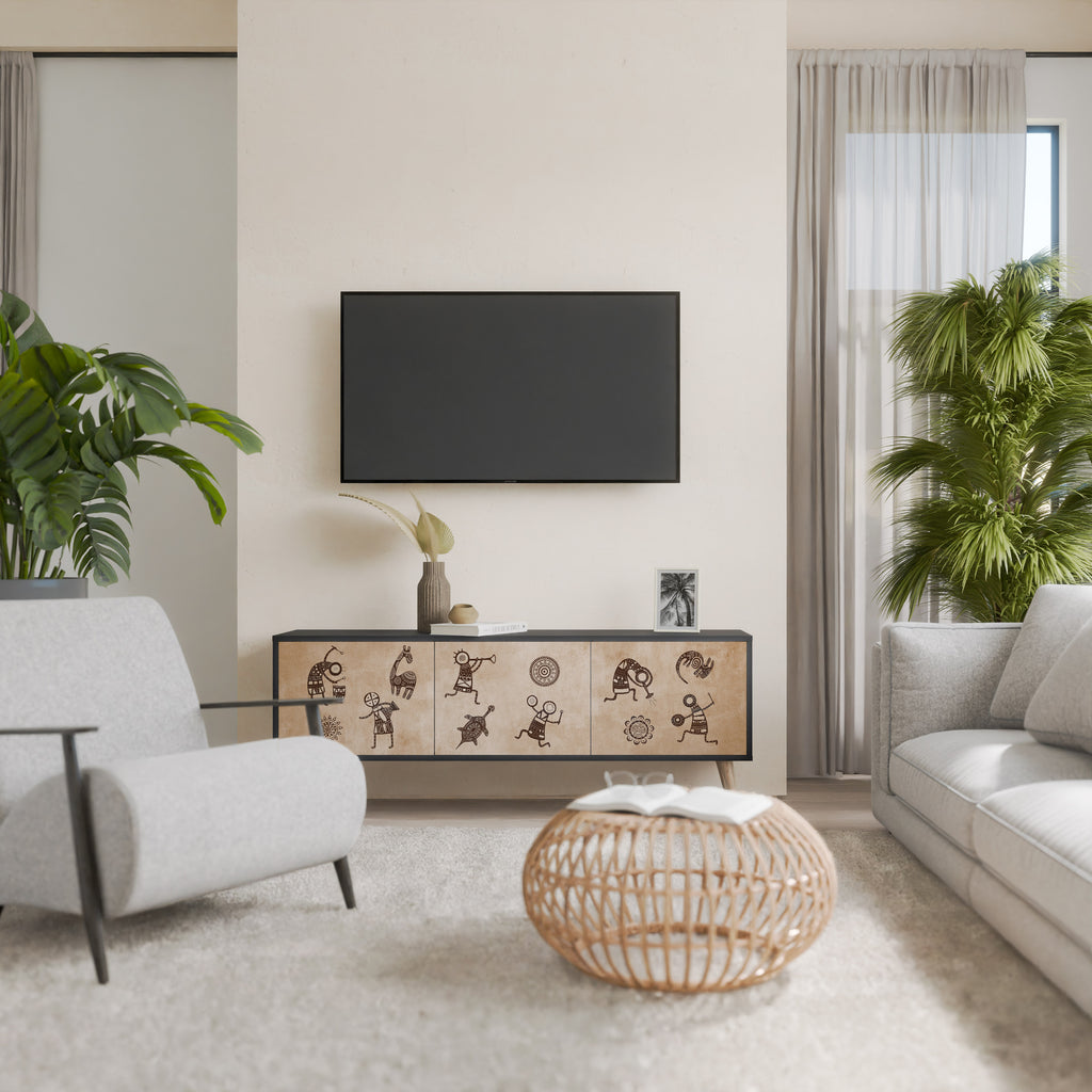 AFRICAN STYLE 3-Door TV Stand in Black Finish