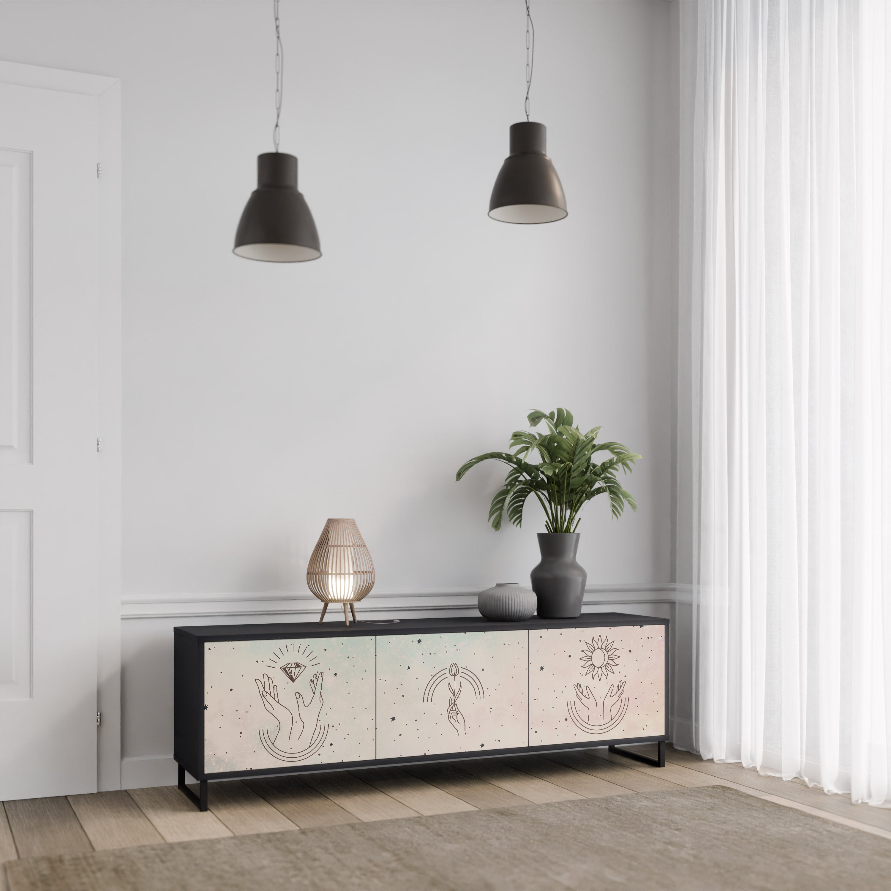 DELICATE BEAUTY 3-Door TV Stand in Black Finish