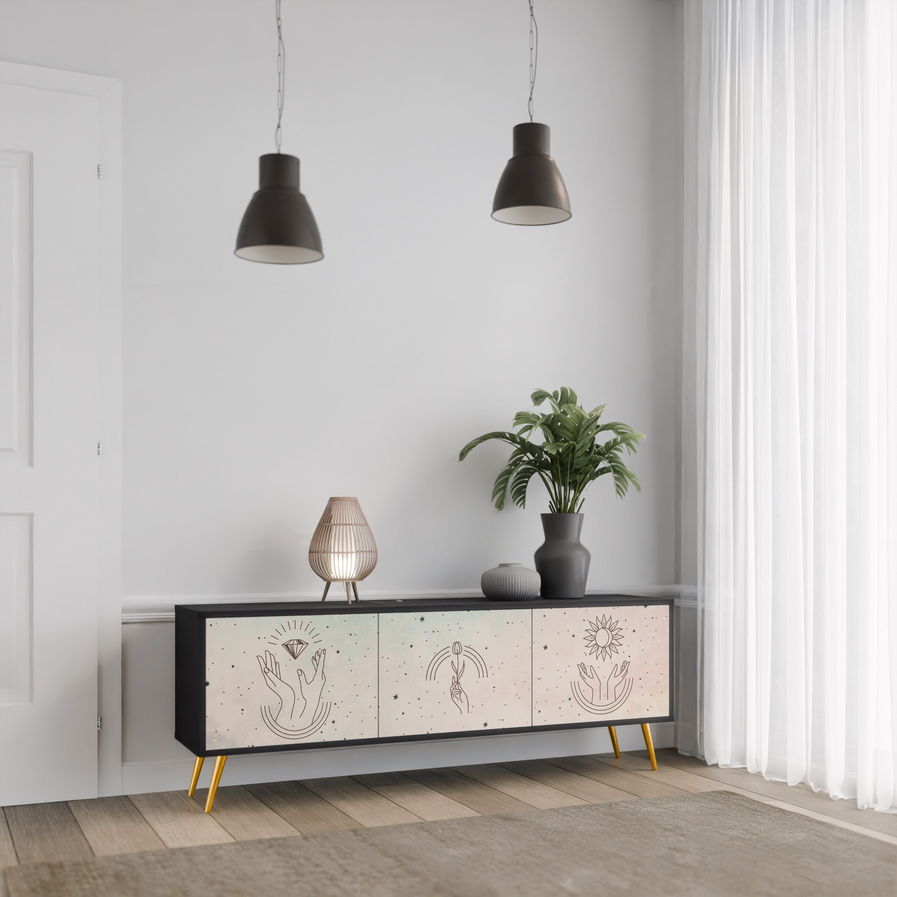 DELICATE BEAUTY 3-Door TV Stand in Black Finish