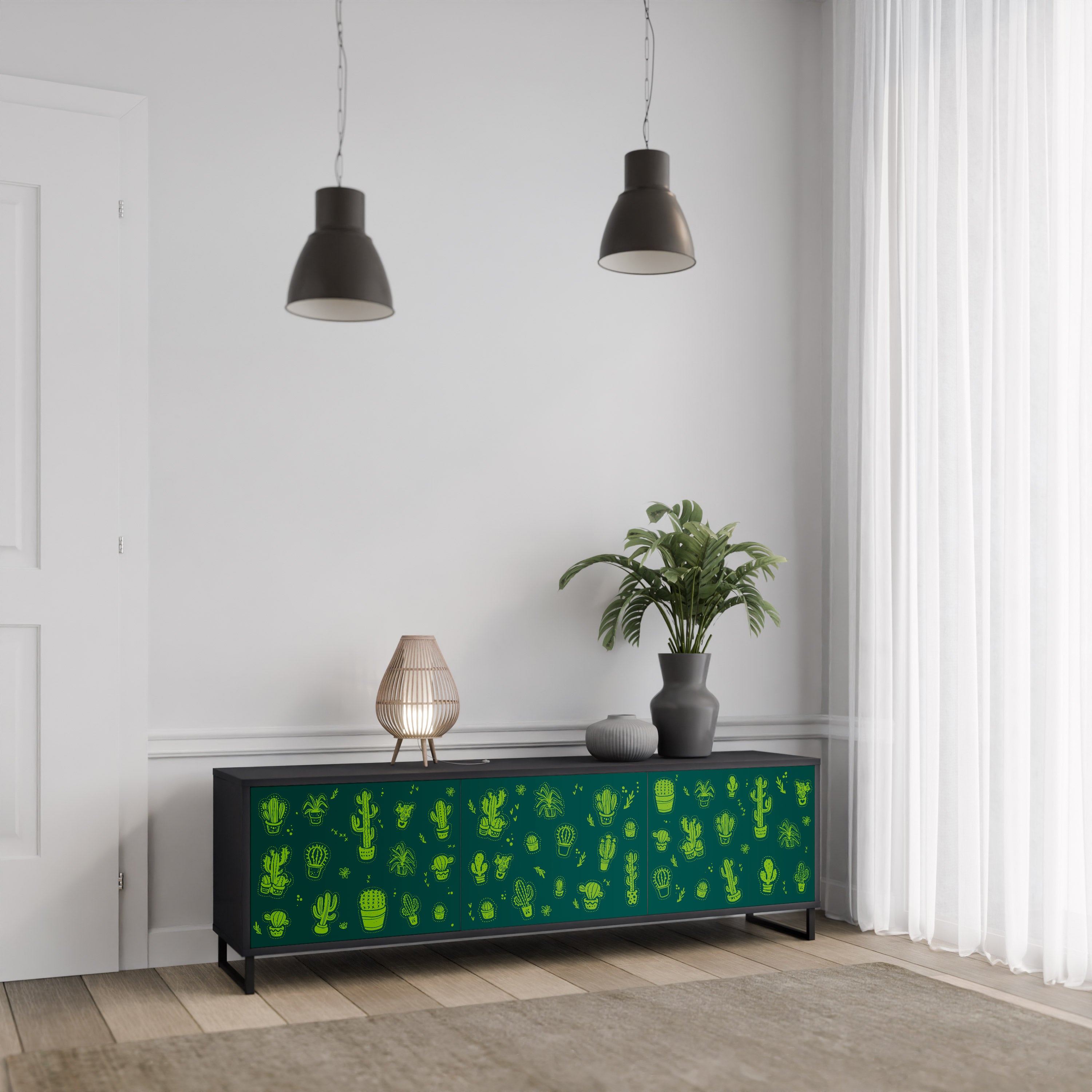 DESERT GREEN 3-Door TV Stand in Black Finish
