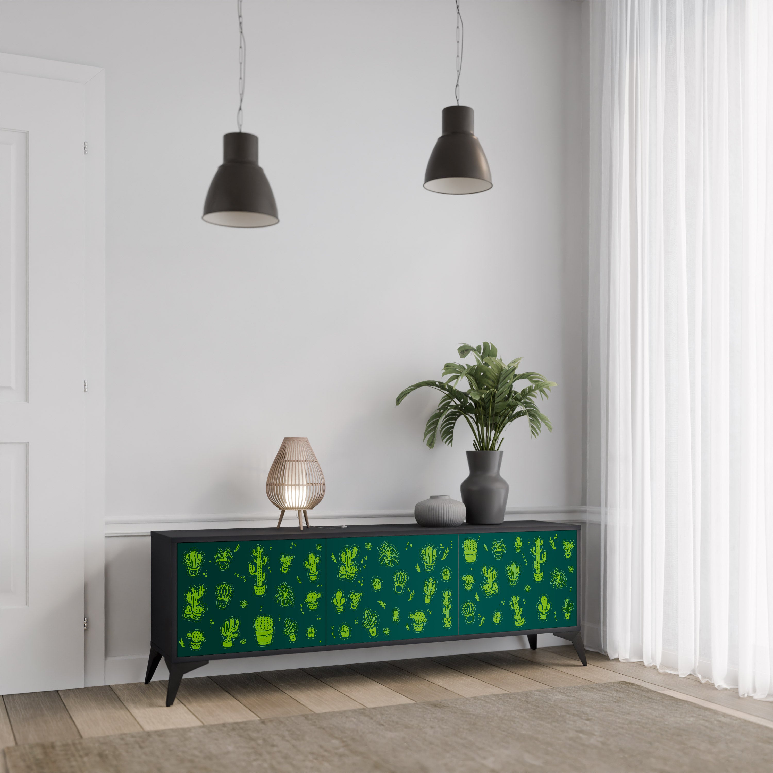 DESERT GREEN 3-Door TV Stand in Black Finish