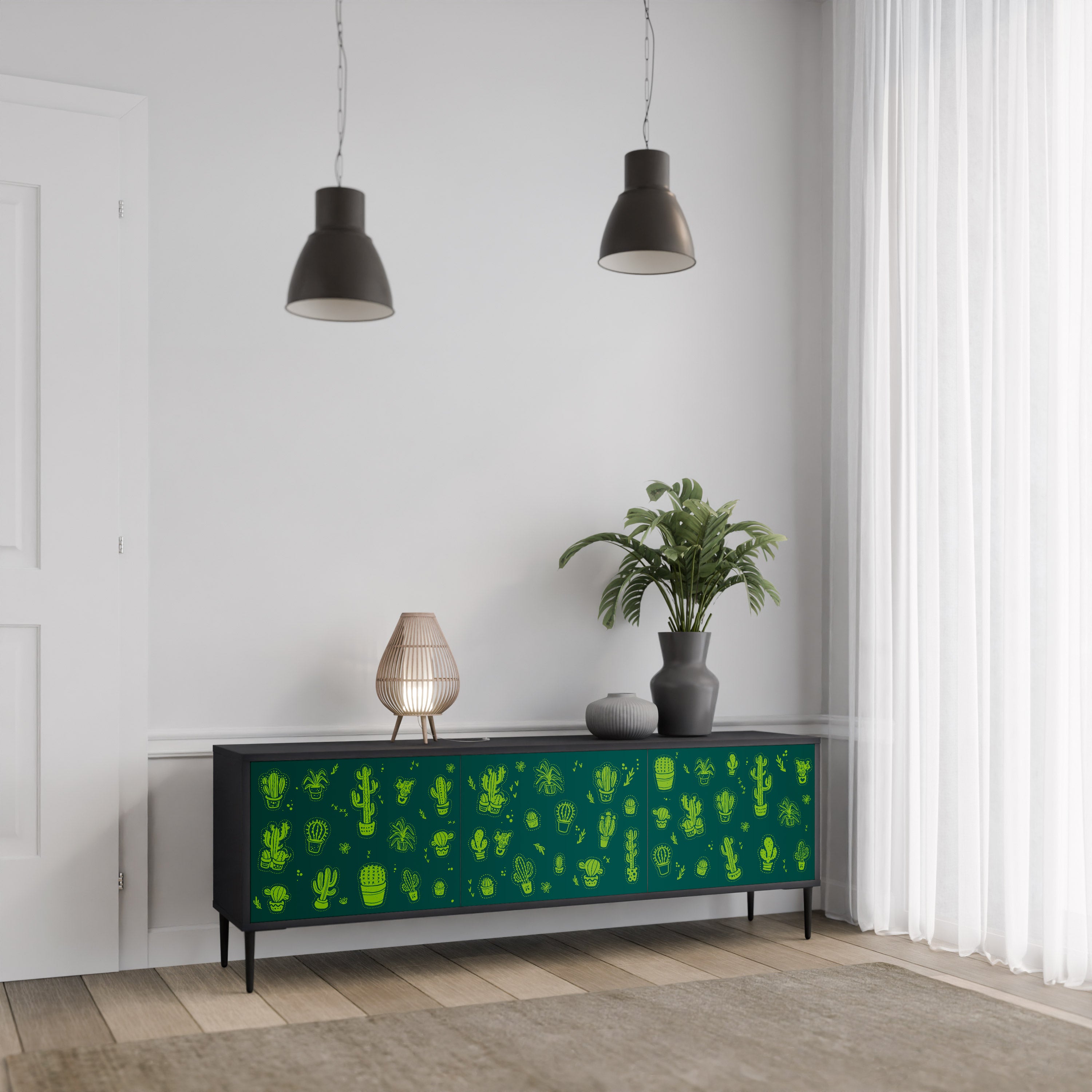 DESERT GREEN 3-Door TV Stand in Black Finish