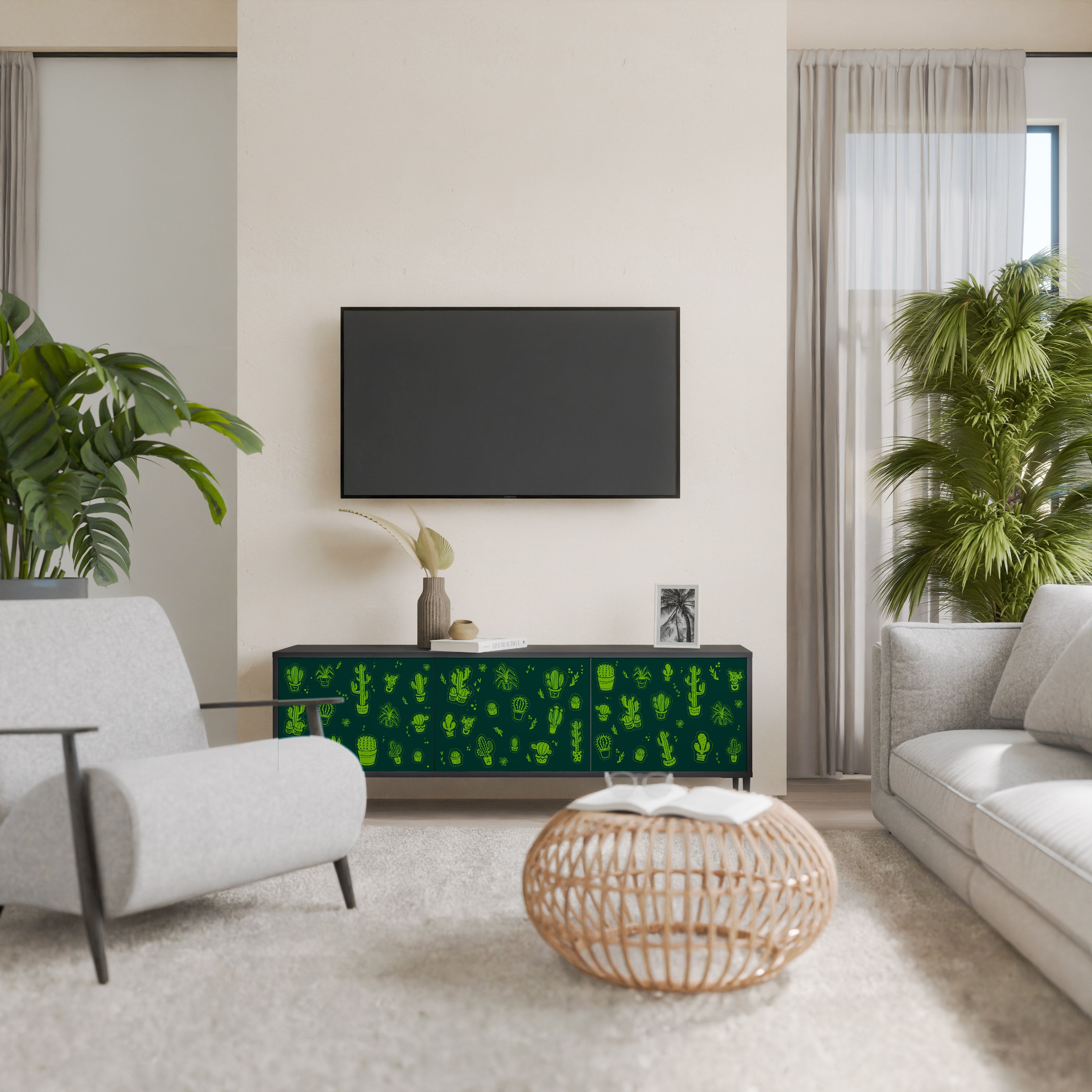 DESERT GREEN 3-Door TV Stand in Black Finish