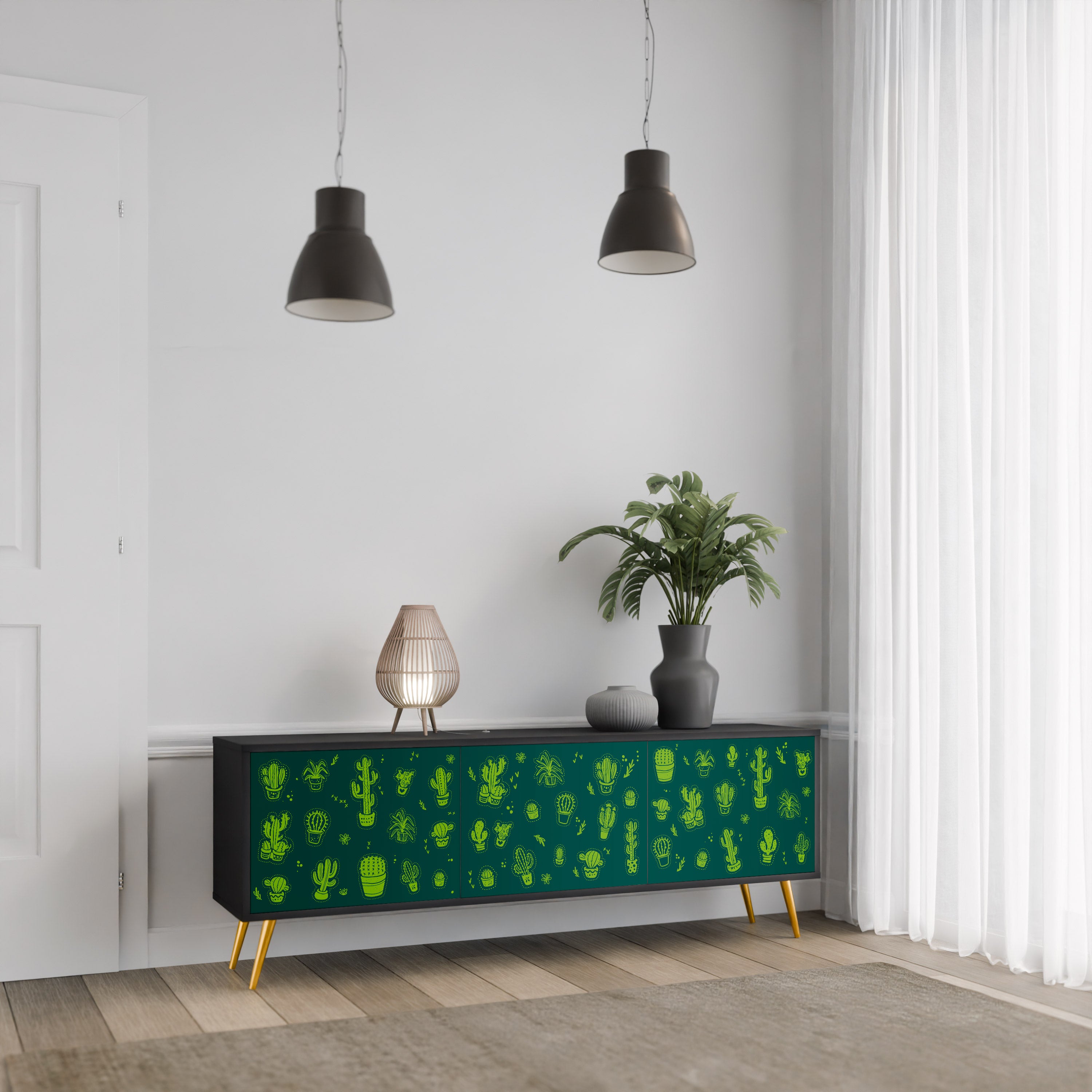 DESERT GREEN 3-Door TV Stand in Black Finish