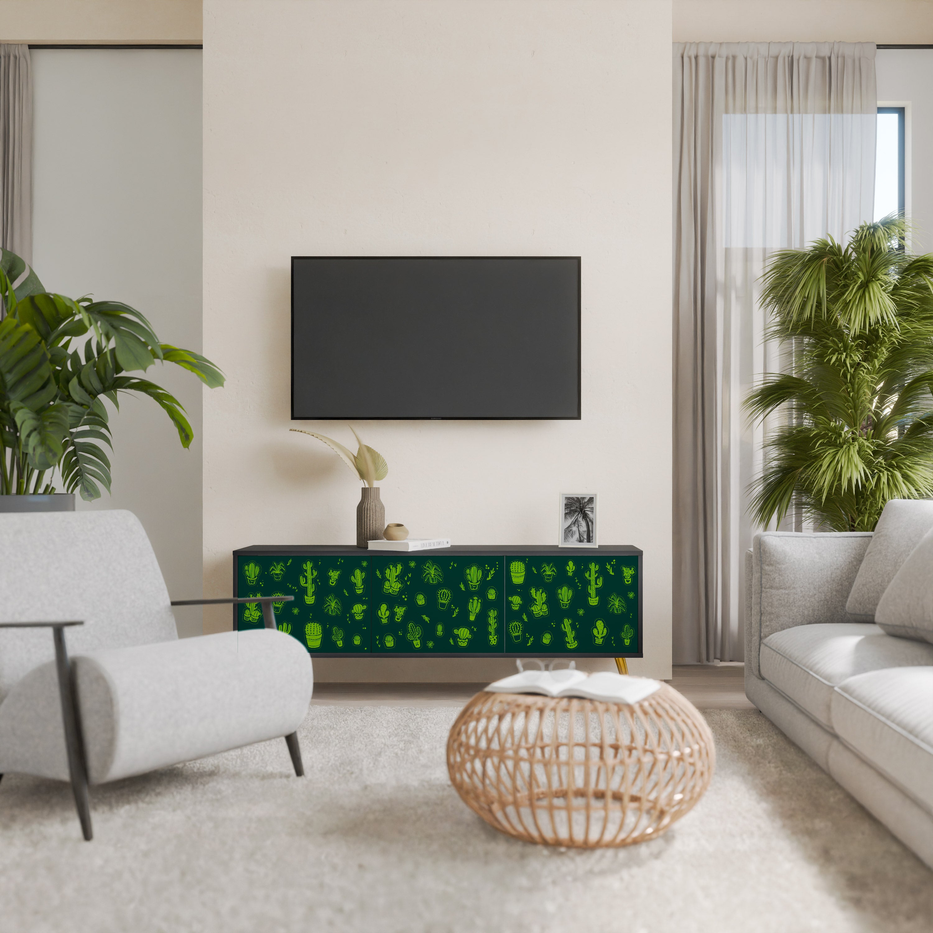 DESERT GREEN 3-Door TV Stand in Black Finish