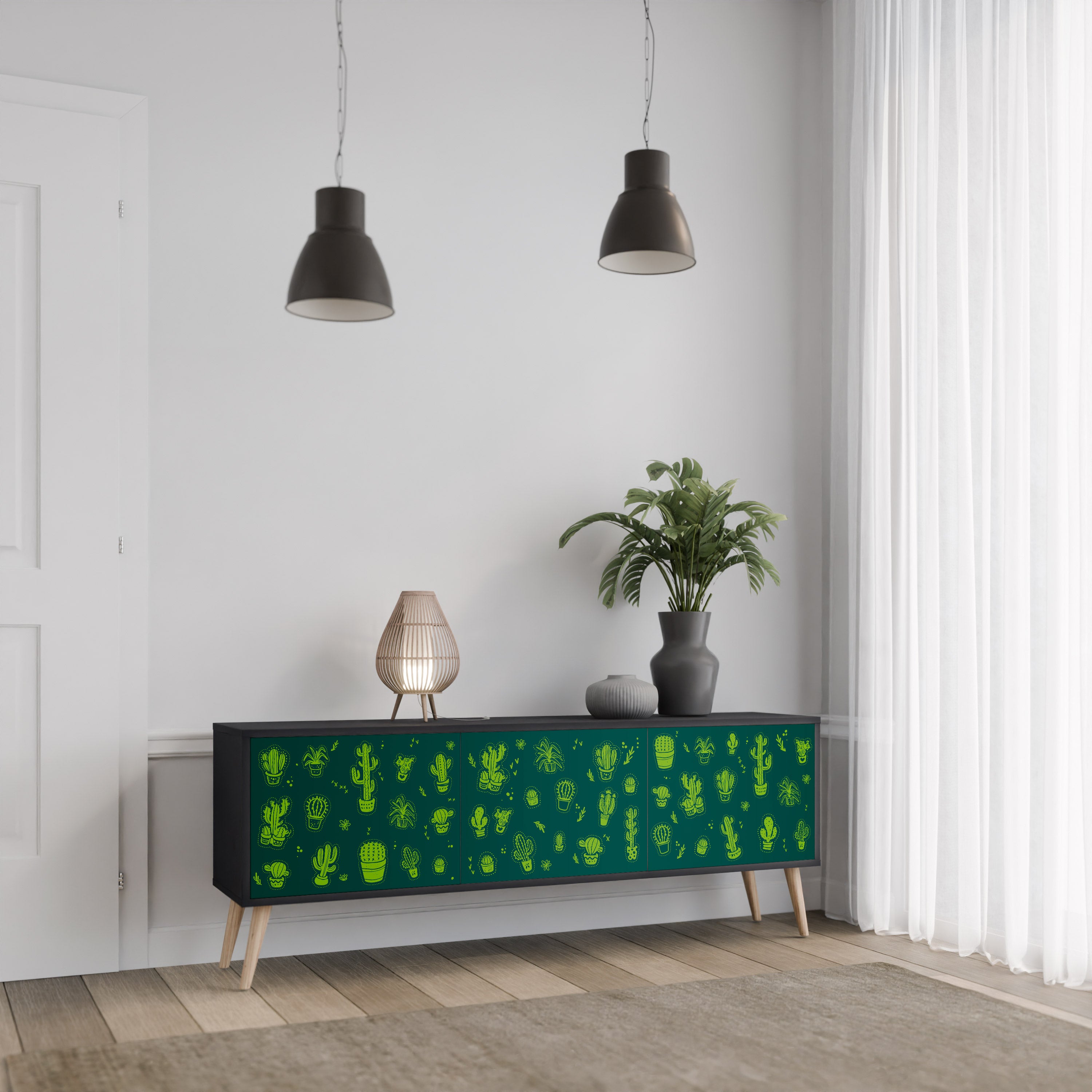 DESERT GREEN 3-Door TV Stand in Black Finish