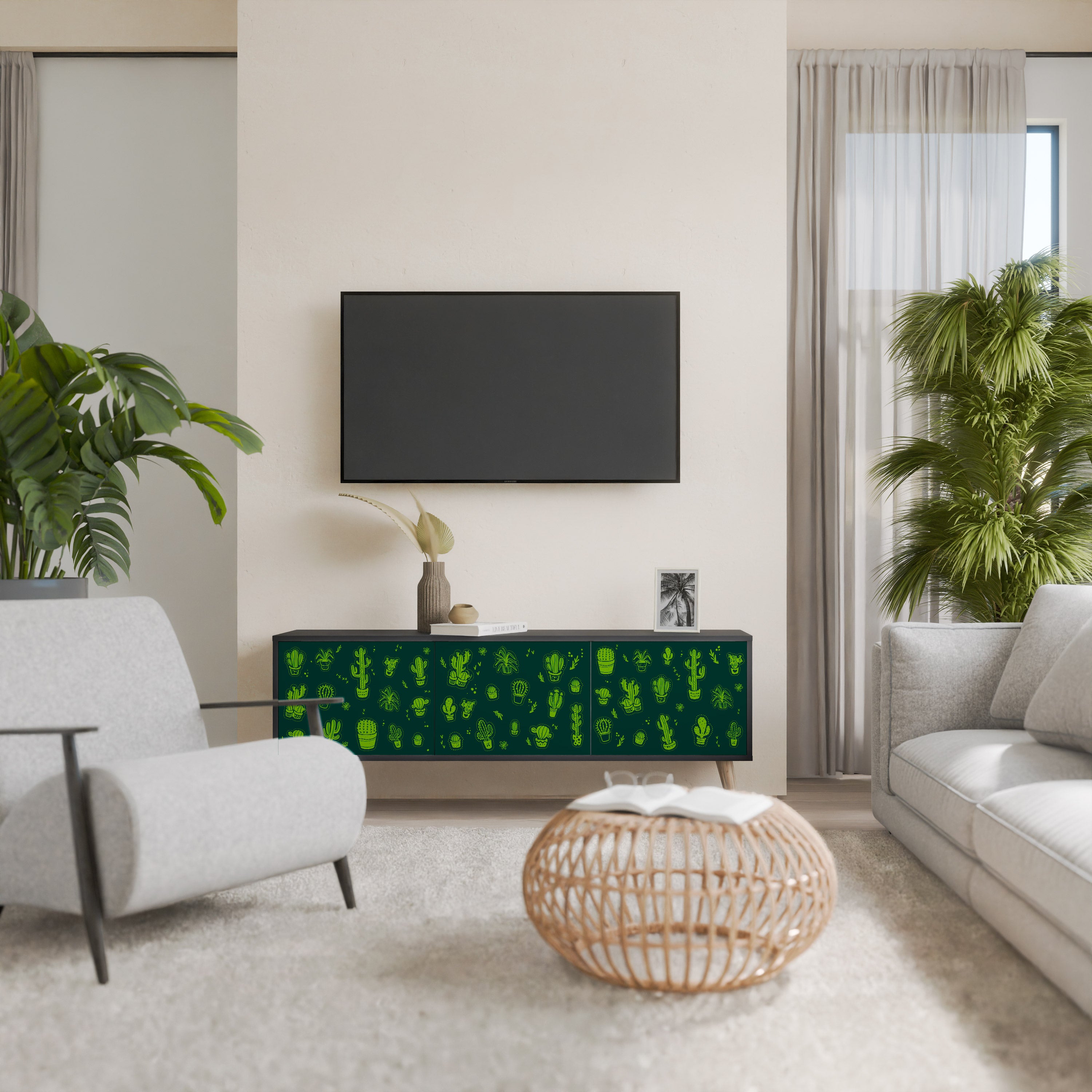 DESERT GREEN 3-Door TV Stand in Black Finish