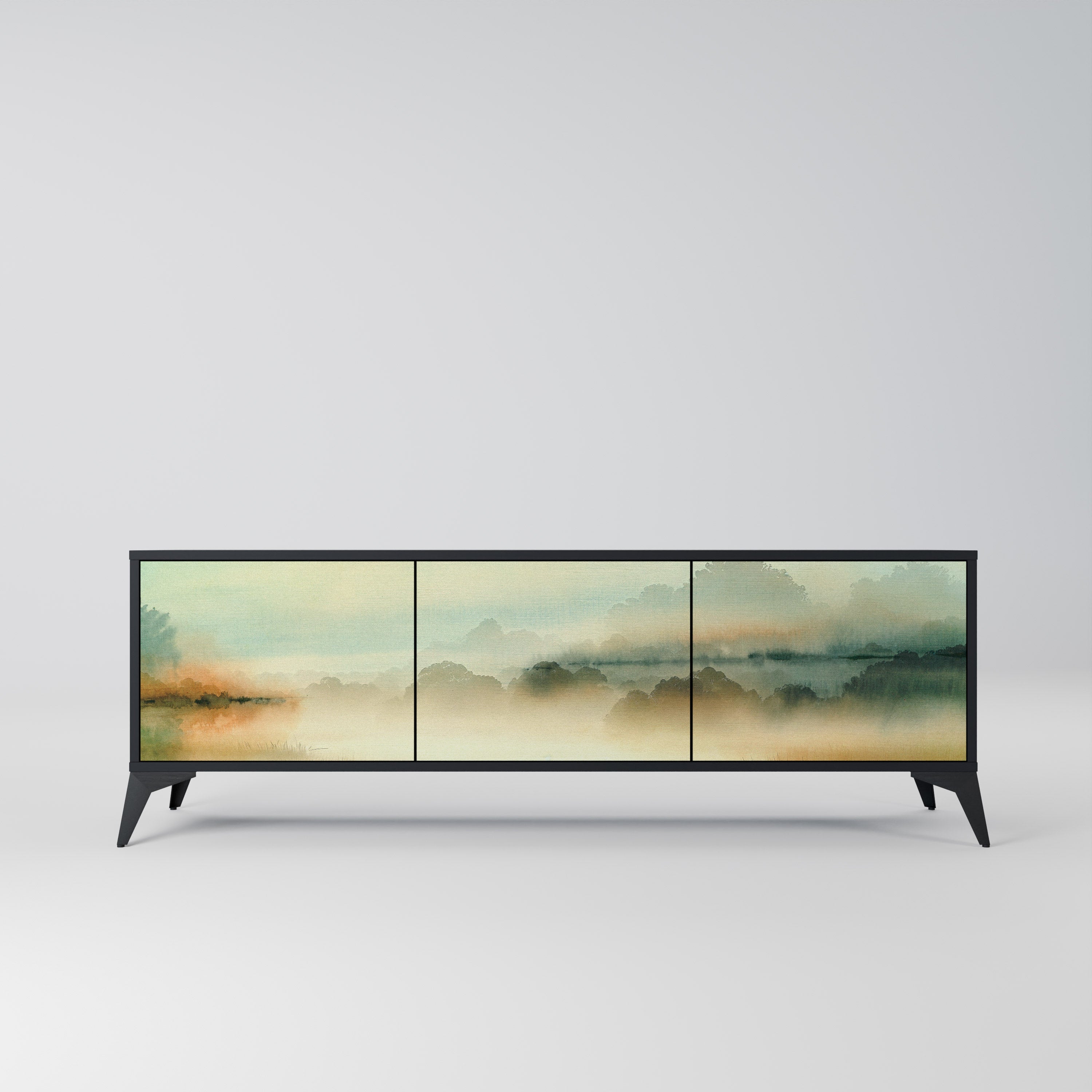 MORNING BY THE LAKE 3-Door TV Stand in Black Finish