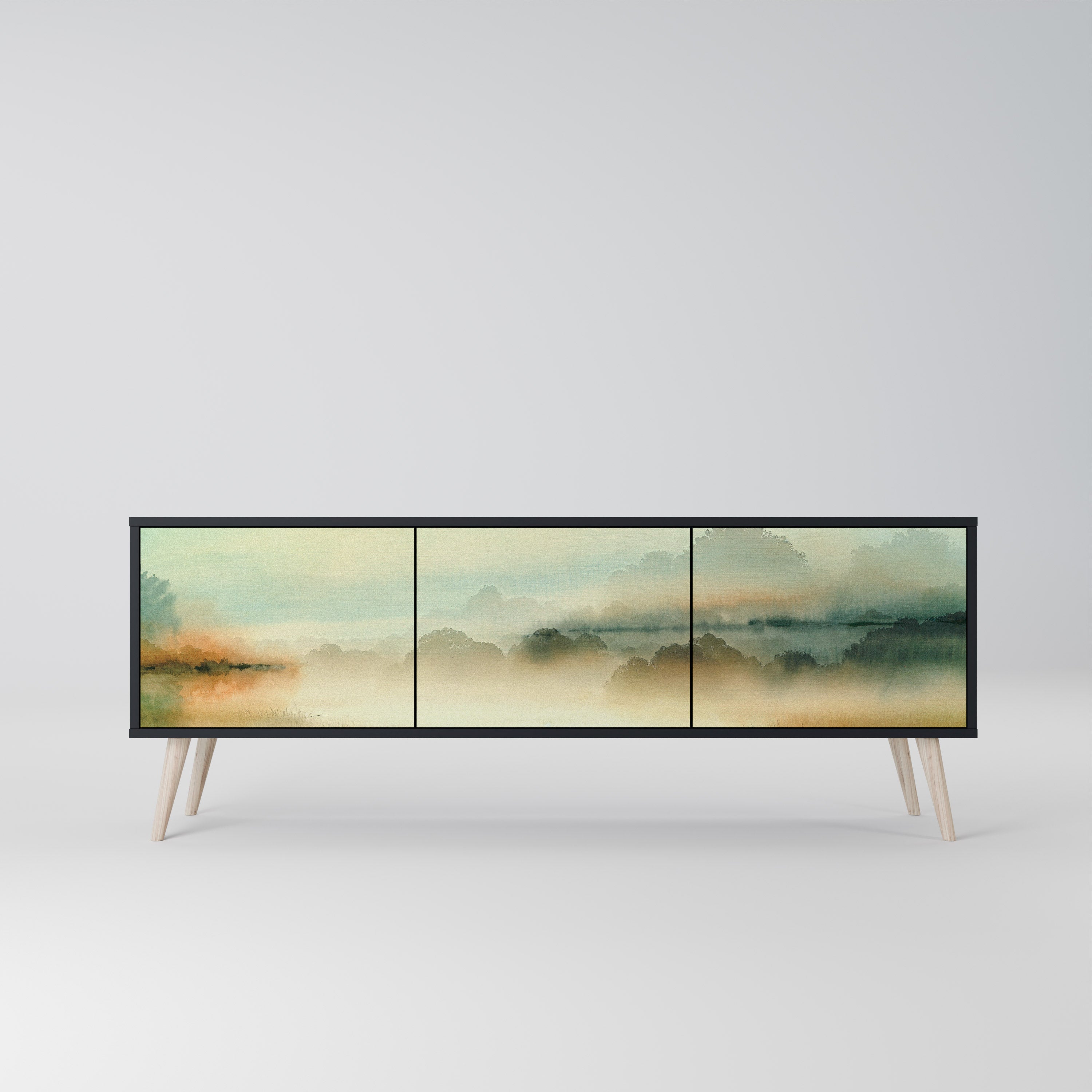 MORNING BY THE LAKE 3-Door TV Stand in Black Finish