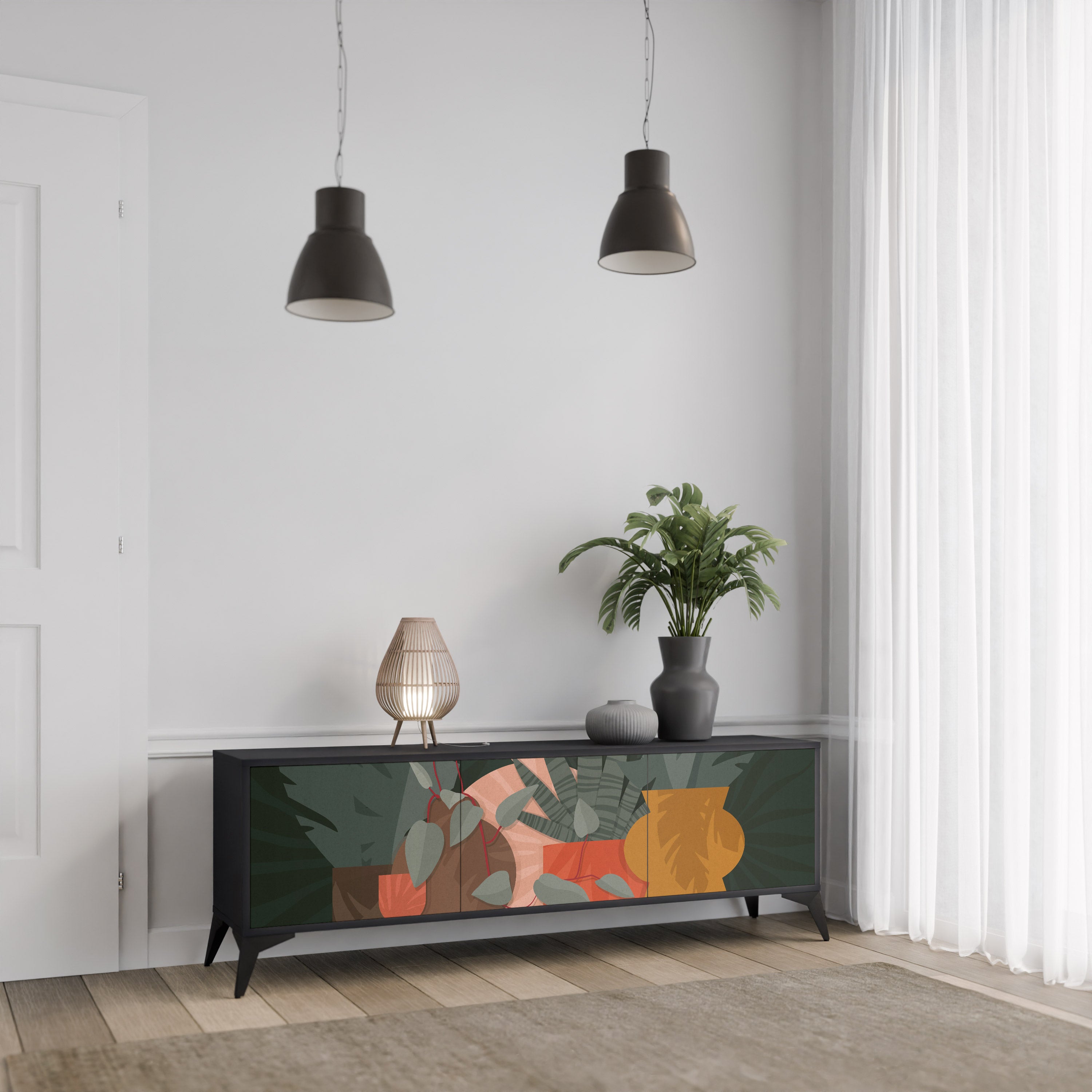 TROPICAL COMPOSITION 3-Door TV Stand in Black Finish