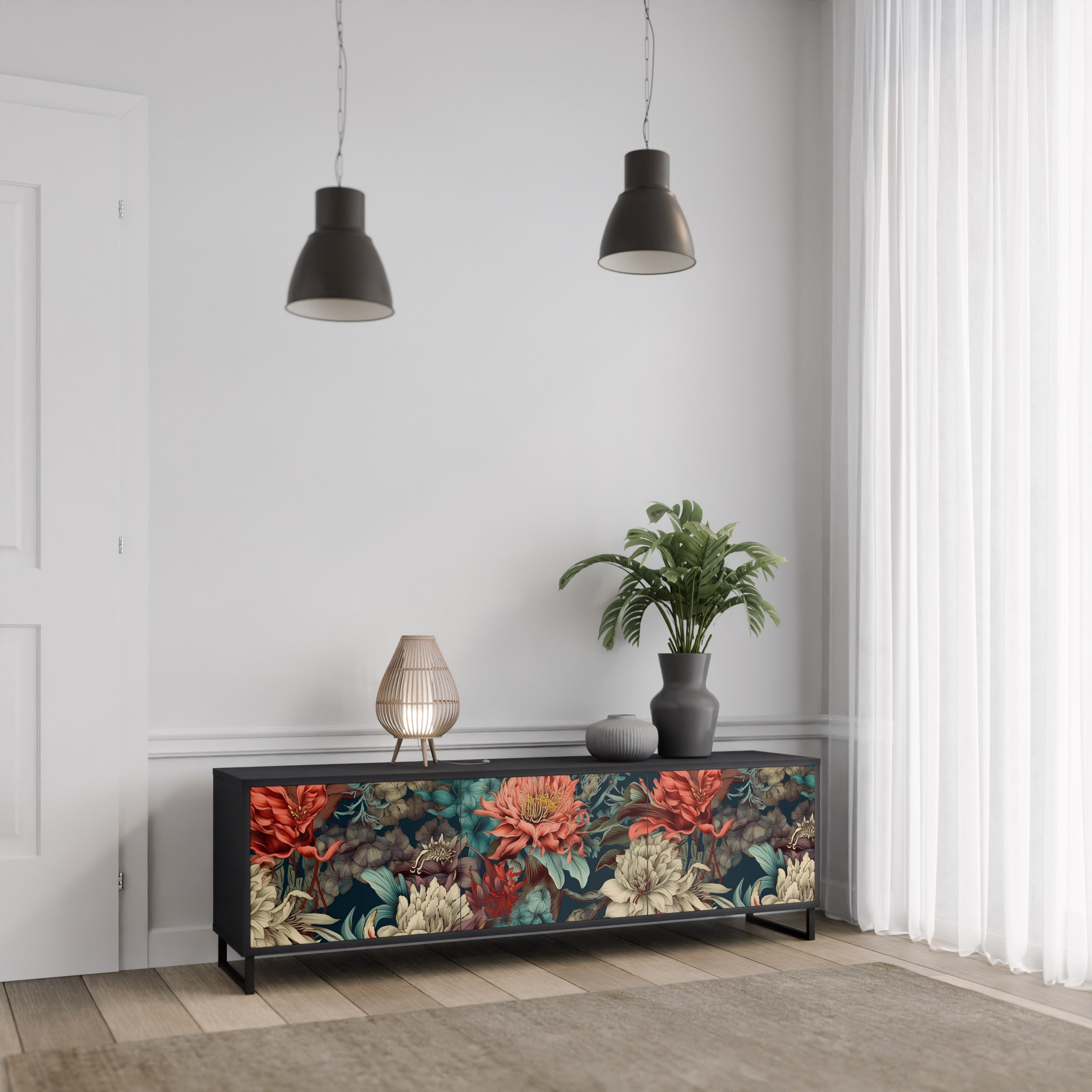 Mueble de TV de 3 puertas SPROUTING GRACE con acabado negro