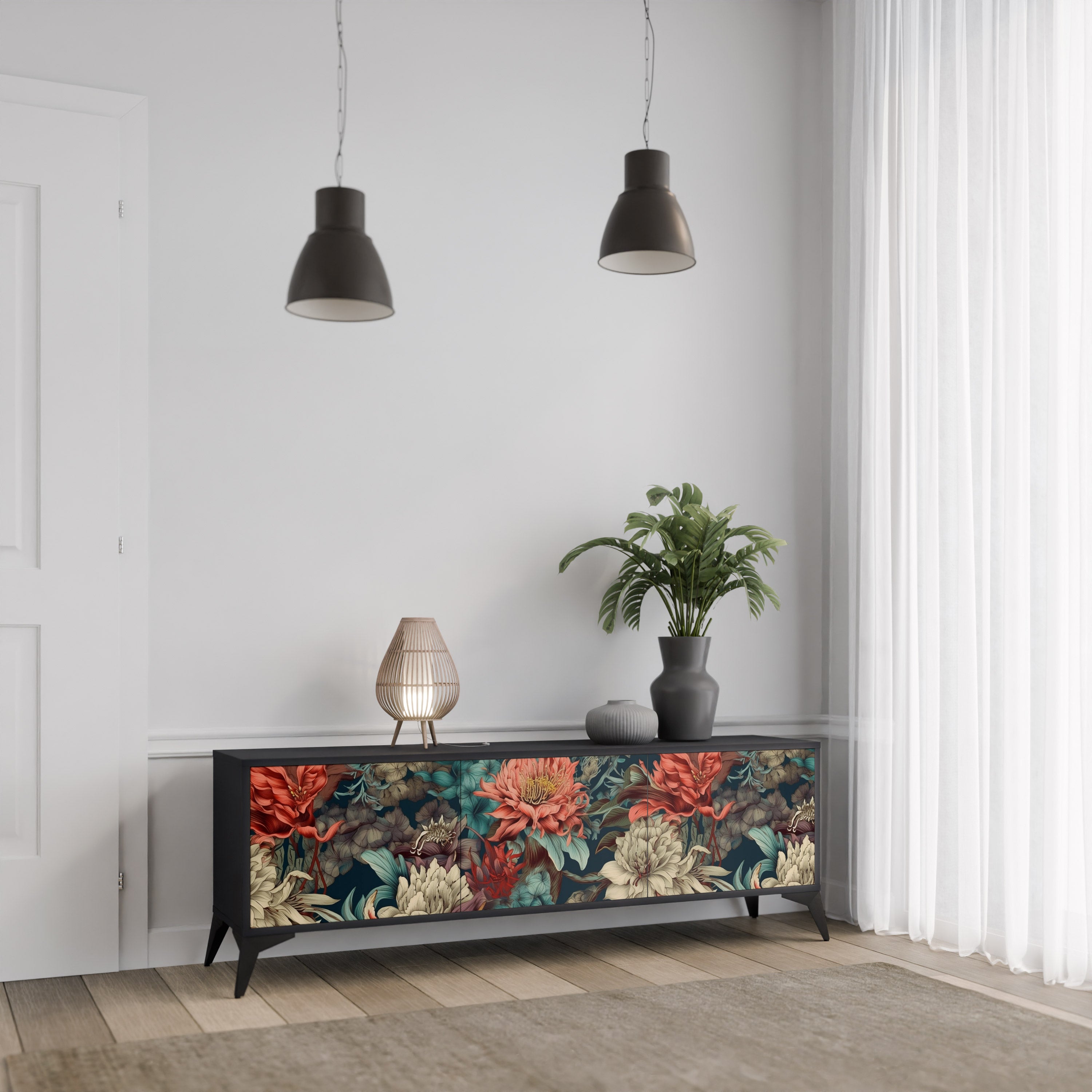 Mueble de TV de 3 puertas SPROUTING GRACE con acabado negro
