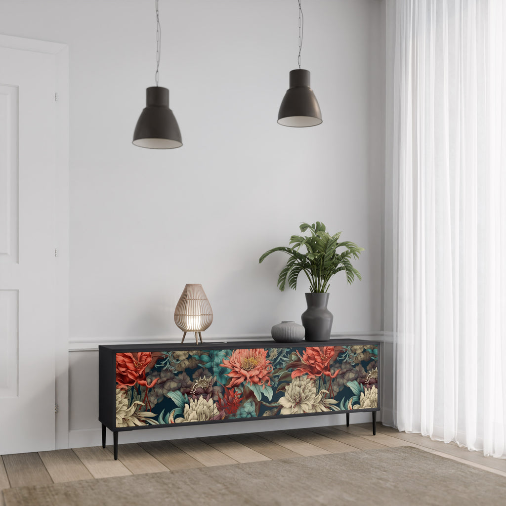 Mueble de TV de 3 puertas SPROUTING GRACE con acabado negro