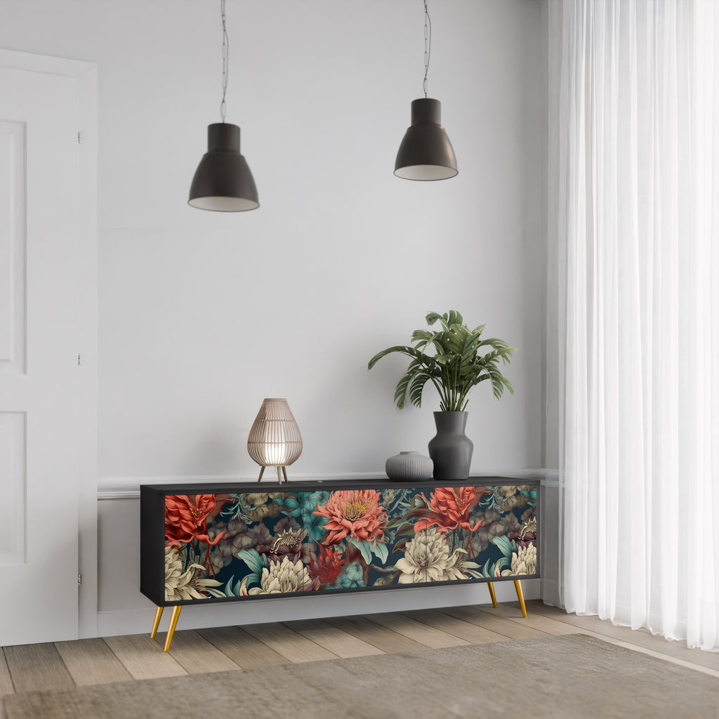 Mueble de TV de 3 puertas SPROUTING GRACE con acabado negro