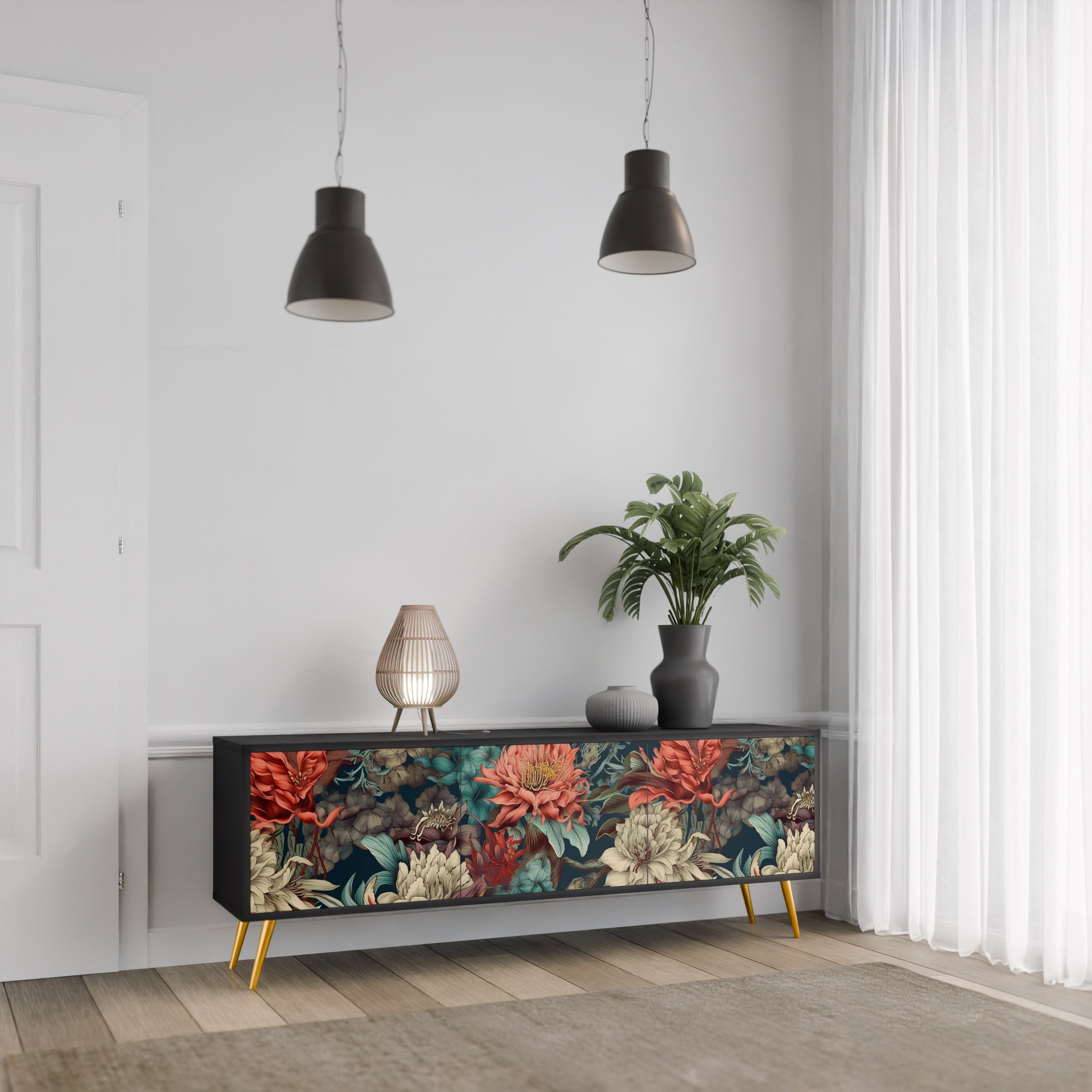 Mueble de TV de 3 puertas SPROUTING GRACE con acabado negro